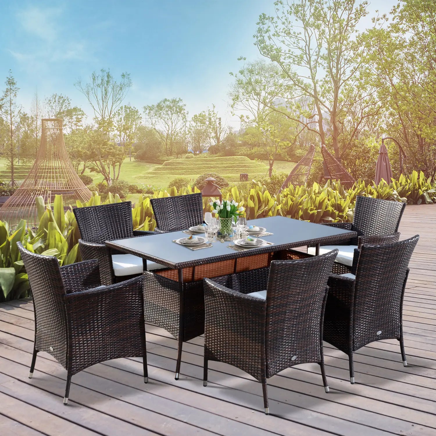 6 Seater Rattan Dining Set with Cushions, Rattan Garden Furniture Set with 6 Armchairs, Rectangular Glass Top Table, Outdoor Dining Table and Chairs, Brown