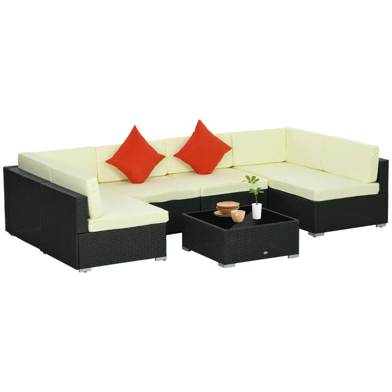 Seven-Piece Rattan Garden Set, with Glass-Top Table - Black/Beige