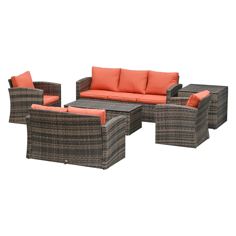 6 Pieces Rattan Garden Furniture Set, 7 Seater Wicker Outdoor Furniture Set with Storage Tea Table & Side Table, Sectional Garden Sofa Set with Cushions, Orange