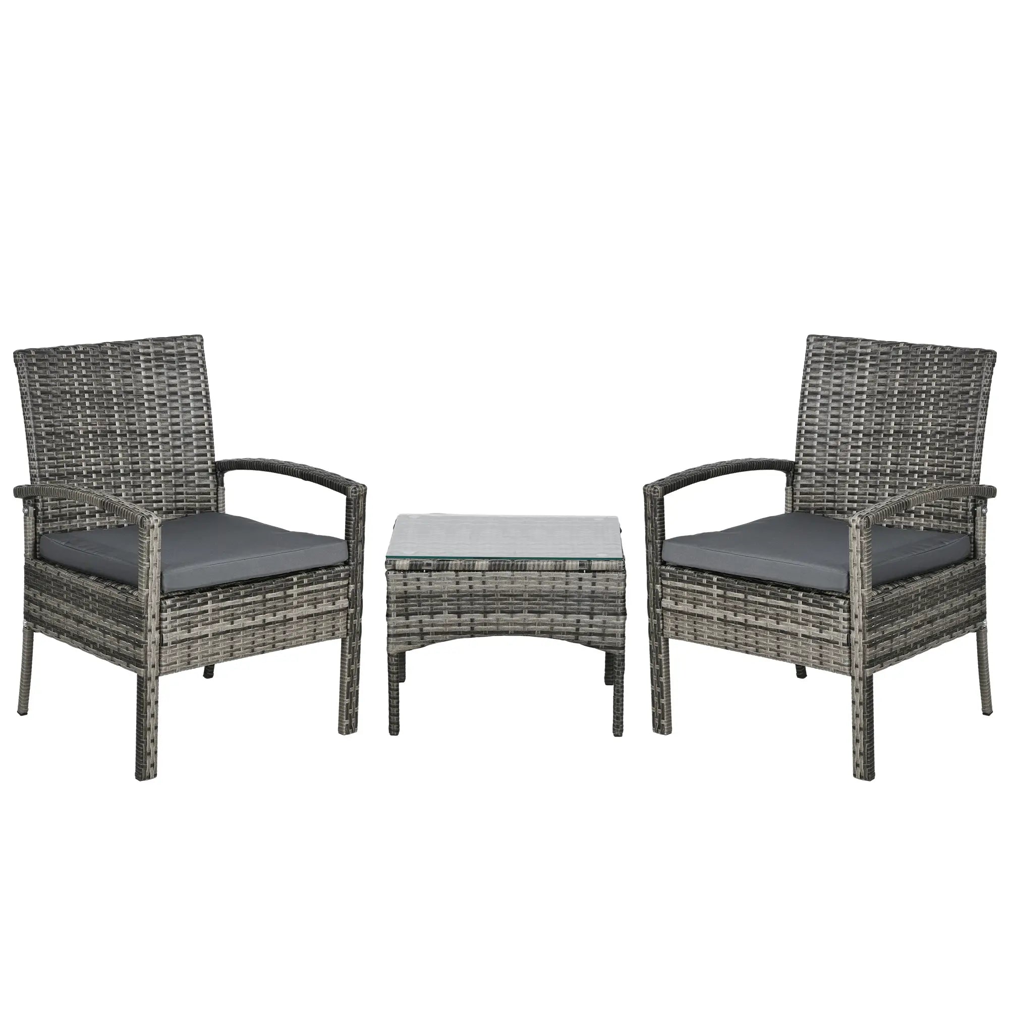 3 Pieces Rattan Bistro Set, Wicker Garden Furniture Set with Glass Top Coffee Table and Chairs, Washable Cushions for Outdoor, Patio, Balcony, Mixed Grey