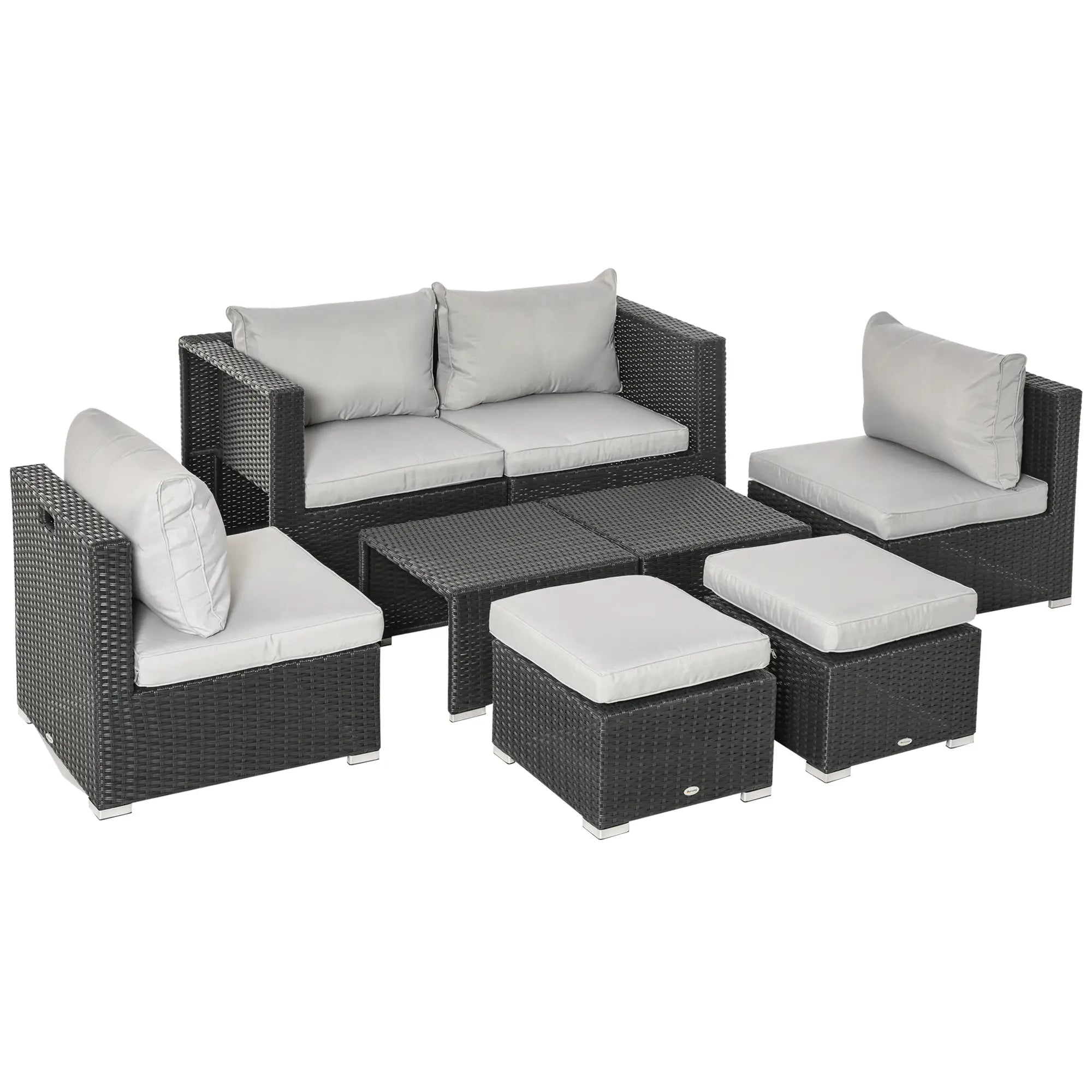 8 Pieces PE Rattan Sofa Set with Cushions, Garden Corner Sofa with 4 Seater Sofa, 2 Footstools and 2 Coffee Table Set, Space-saving Design, No Assembly Required, Black