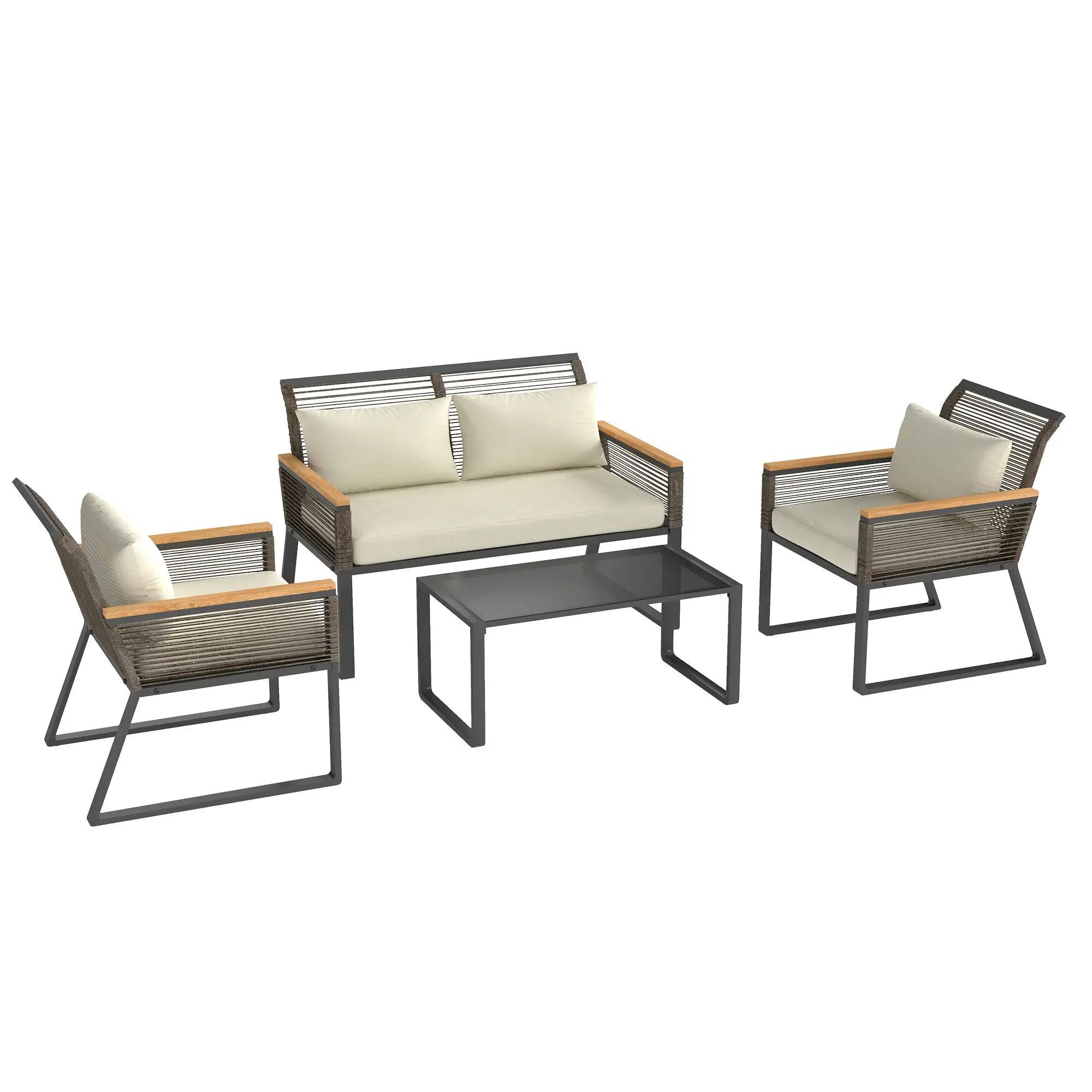 Four Piece Wicker Rope Garden Furniture Set with Glass Top Coffee Table - Grey