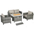 5-Piece Rattan Patio Furniture Set with Gas Fire Pit Table, Loveseat Sofa, Armchairs, Cushions, Pillows, Grey