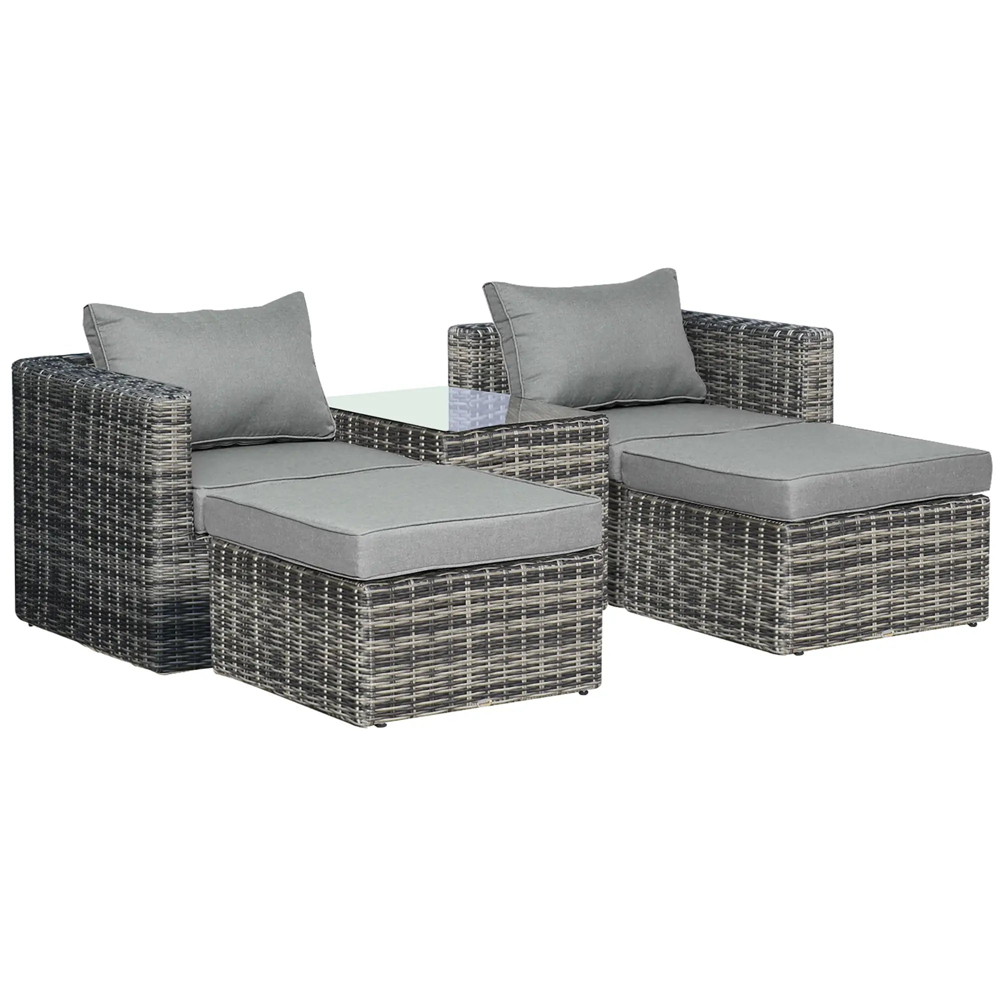 Five Piece Rattan Armchair, Stool and Table Set - Mixed Grey