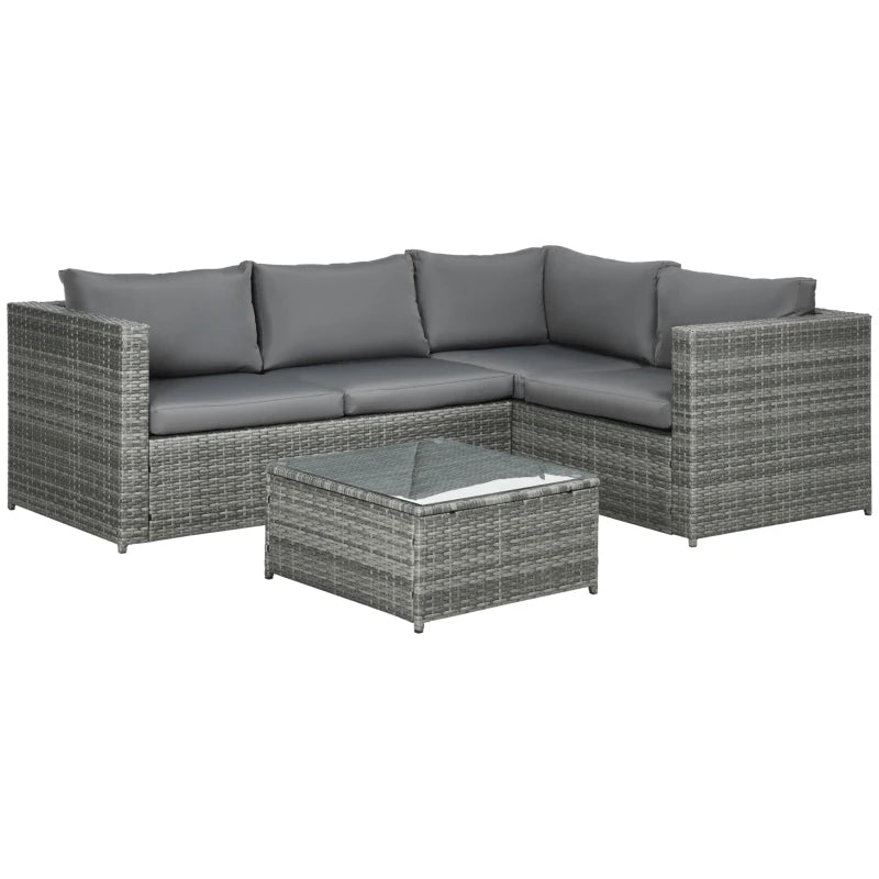 3 Pieces PE Rattan Garden Furniture Set with 10 cm Thick Cushions, 4 Seater Garden Corner Sofa Set with Glass Top Coffee Table, Outdoor Furniture for Patio, Porch, Grey 5