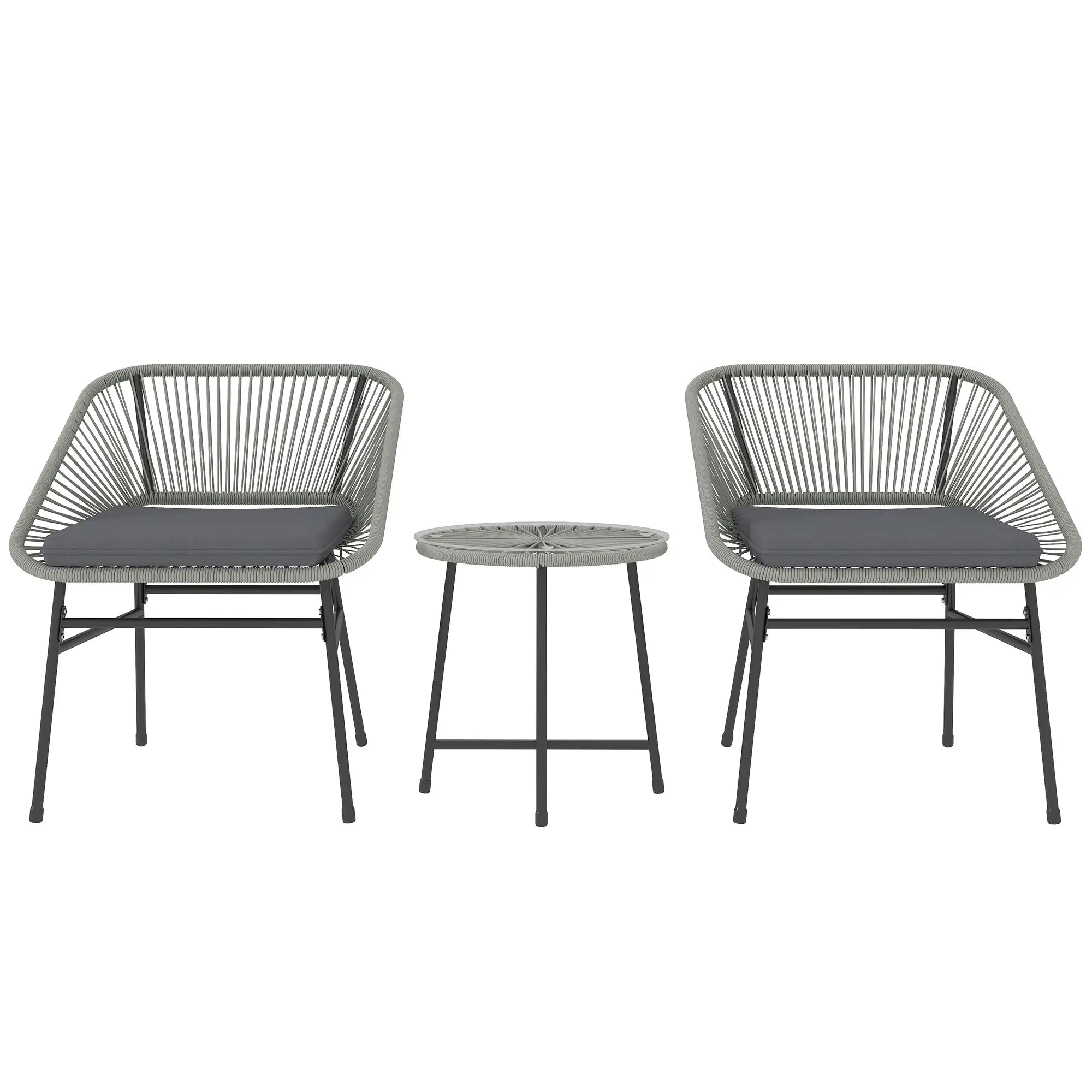 3 Pieces Rattan Bistro Set, Wicker Small Garden Table and Chairs Set with Cushions and Glass Top Coffee Table, Bistro Garden Furniture Set for Outdoor, Patio, Balcony, Light Grey