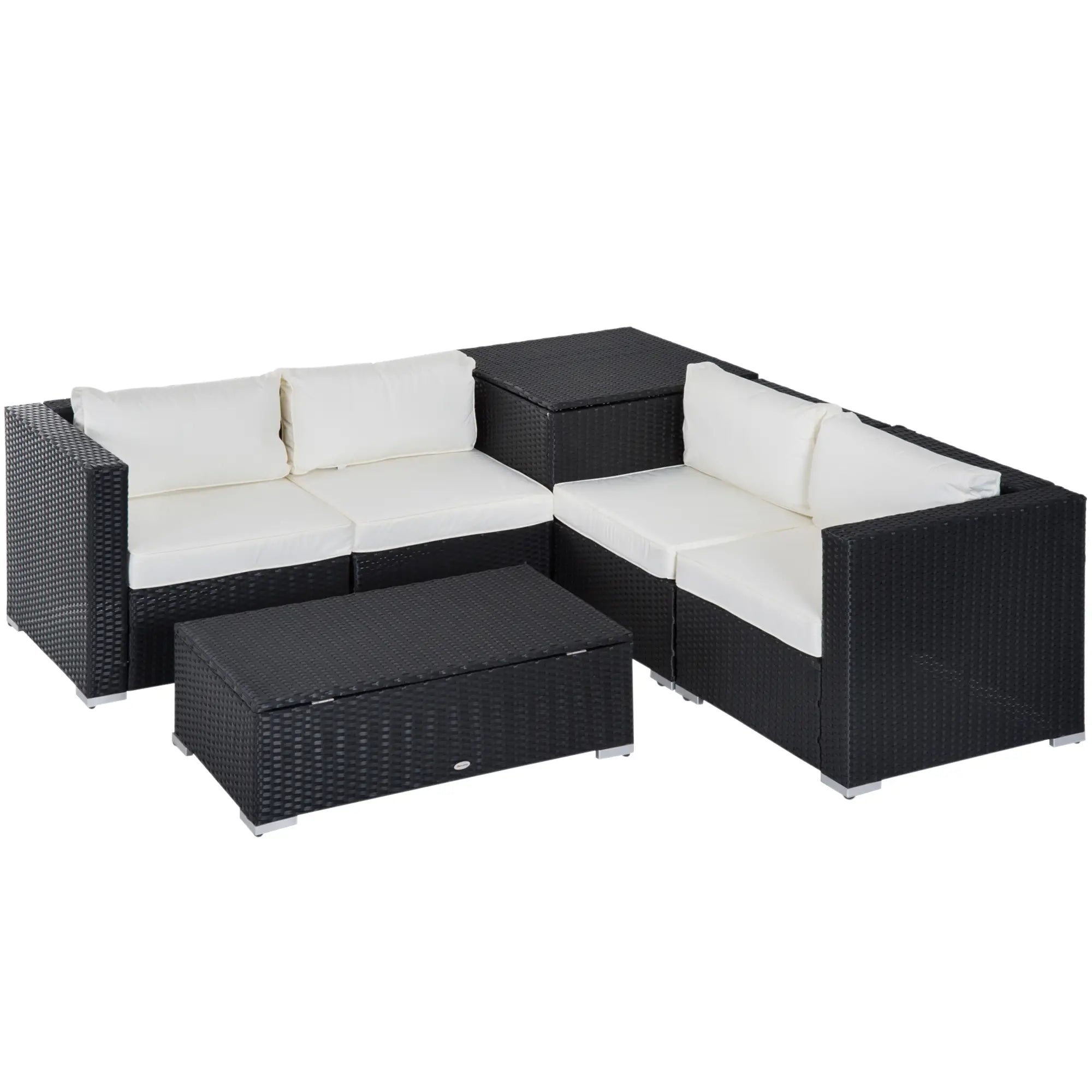6 Pieces Rattan Garden Furniture Set, 4 Seater Wicker Garden Corner Sofa Set with 2 Storage Tables and Loveseats, Outdoor Conversation Furniture with Cushions for Conservatory, Patio, Black