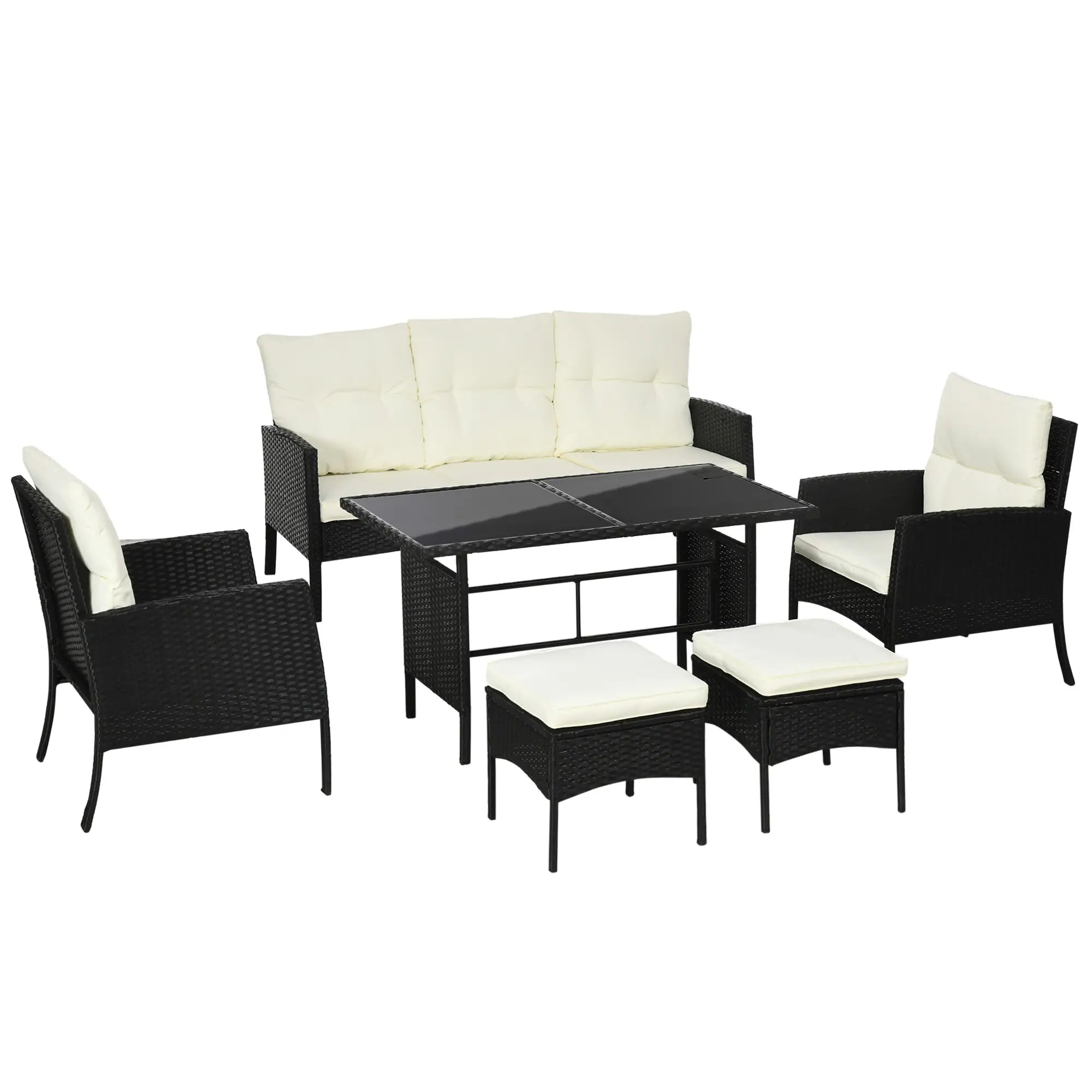 5 Seater Rattan Garden Furniture Set, 2 Armchairs, 3-Seater Wicker Sofa, 2 Footstools and Glass Table, 6 Piece Patio Rattan furniture Sofa Sets with Cushions for Conservatory, White