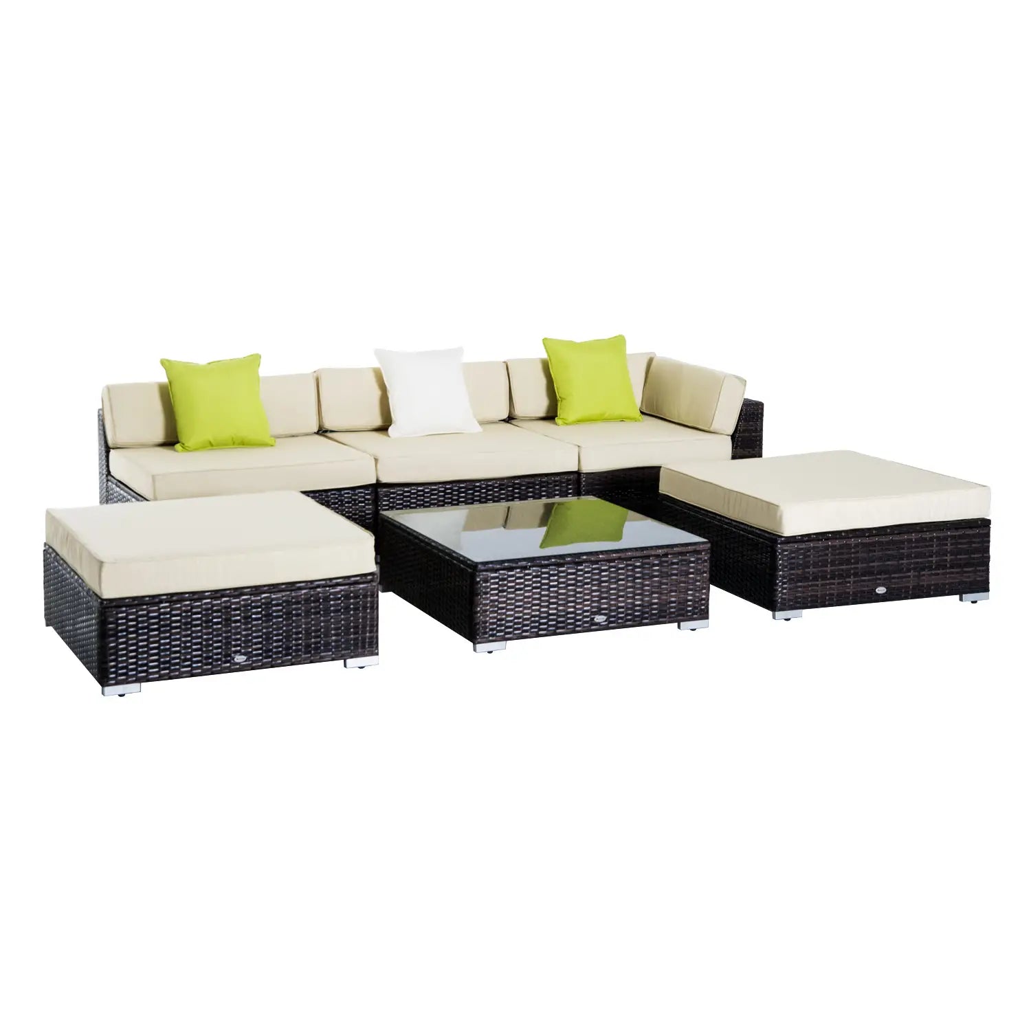 6 PC Rattan Sofa Coffee Table Set Sectional Wicker Weave Furniture for Garden Outdoor Conservatory w/ Pillow Cushion Brown