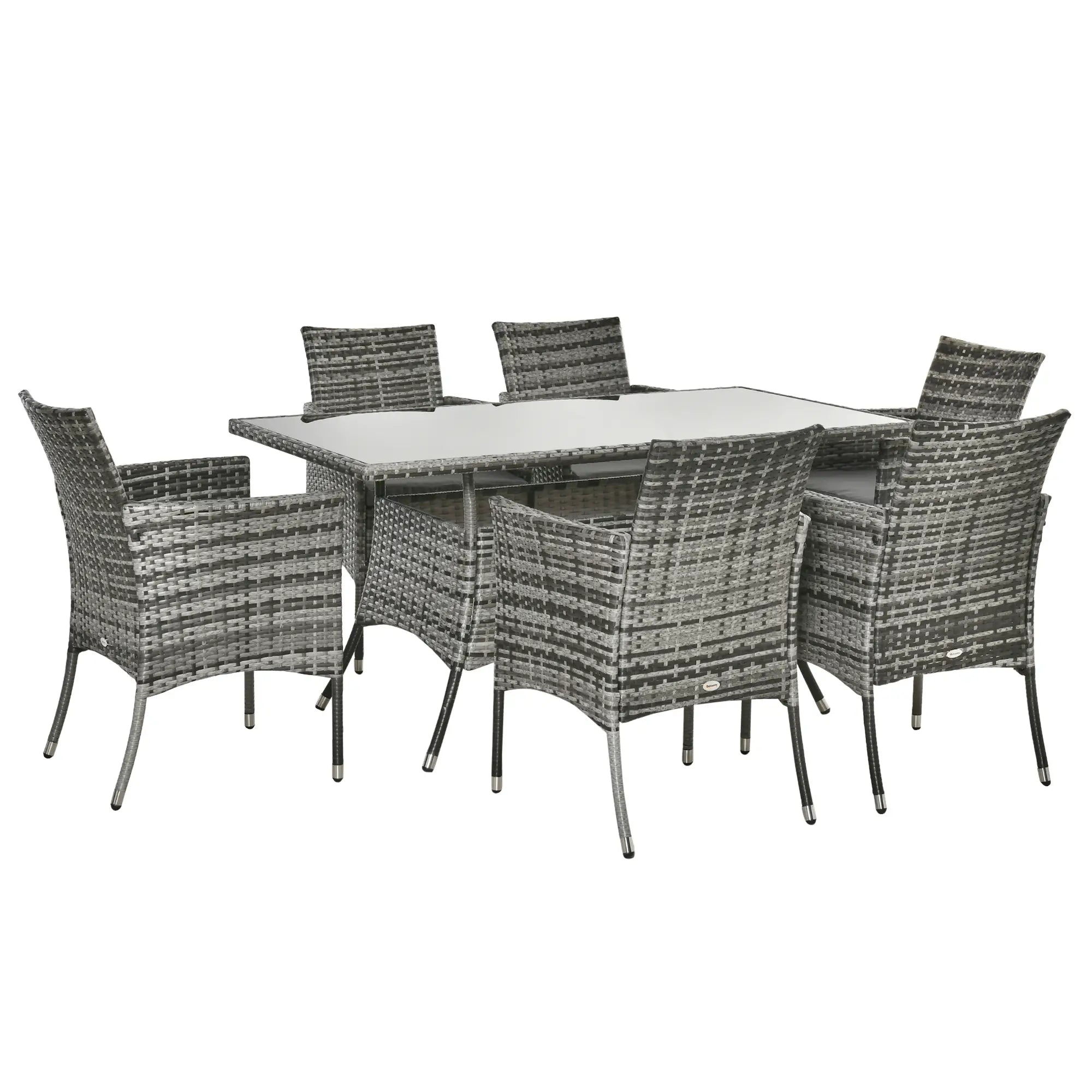 7-Piece Rattan Garden Furniture Set with Cushions, 6 Seater Garden Table and Chairs, Rattan Dining Set with 6 Armchairs, Rectangular Glass Top Table, Grey