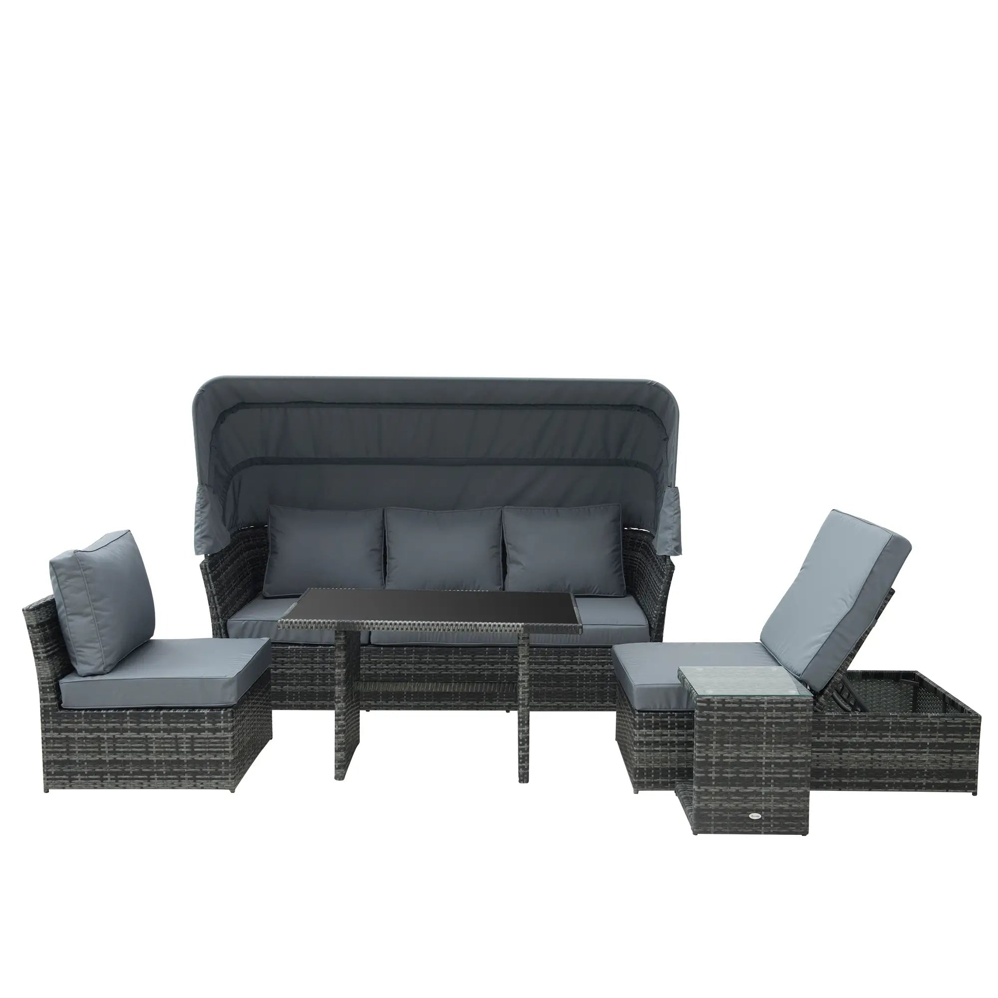 5 PCS Outdoor Rattan Wicker Sofa Sets Reclining Sofa Adjustable Canopy & Side Table Dining Table Set Sectional Conversation Furniture w/ Cushions, Mixed Grey