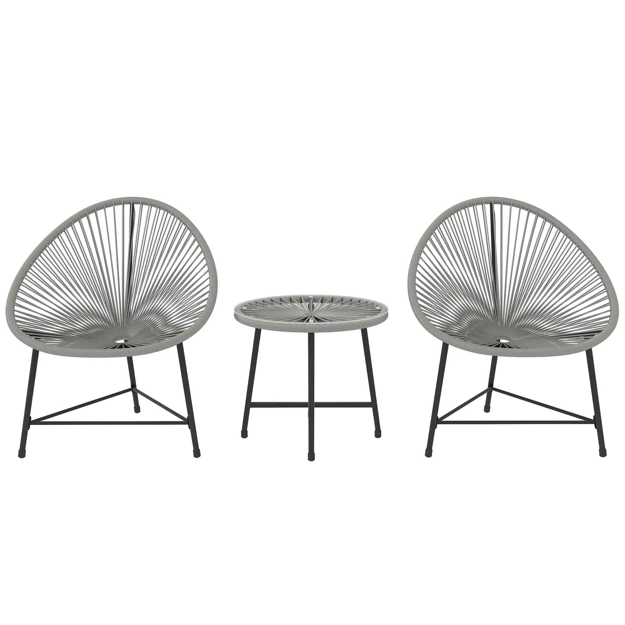 3 Pieces Rattan Bistro Set, Garden Bistro Set with Acapulco Chairs and Glass Top Table, Small Garden Furniture Set with Reinforced Metal Frame for Outdoor, Patio, Balcony, Grey