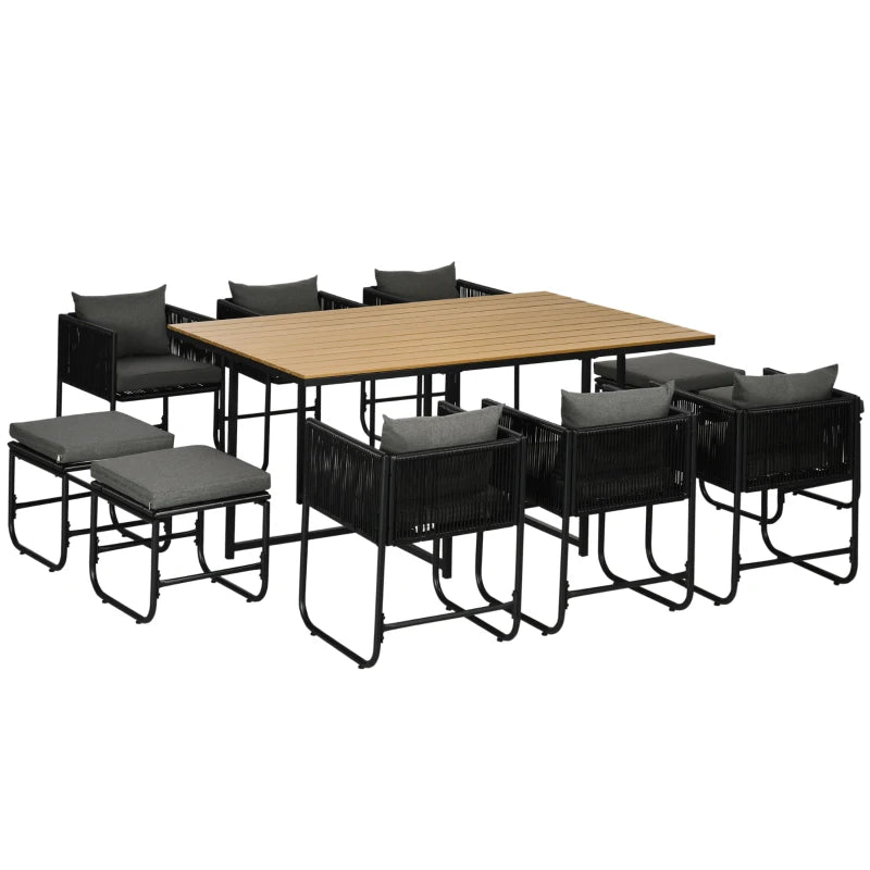 0 Seater Rattan Cube Garden Furniture Set, Rattan Dining Set with Cushions, Outdoor Dining Table and Chairs with 6 Armchairs, 4 Stools, Rectangular Wood Grain Plastic Top Table, Black
