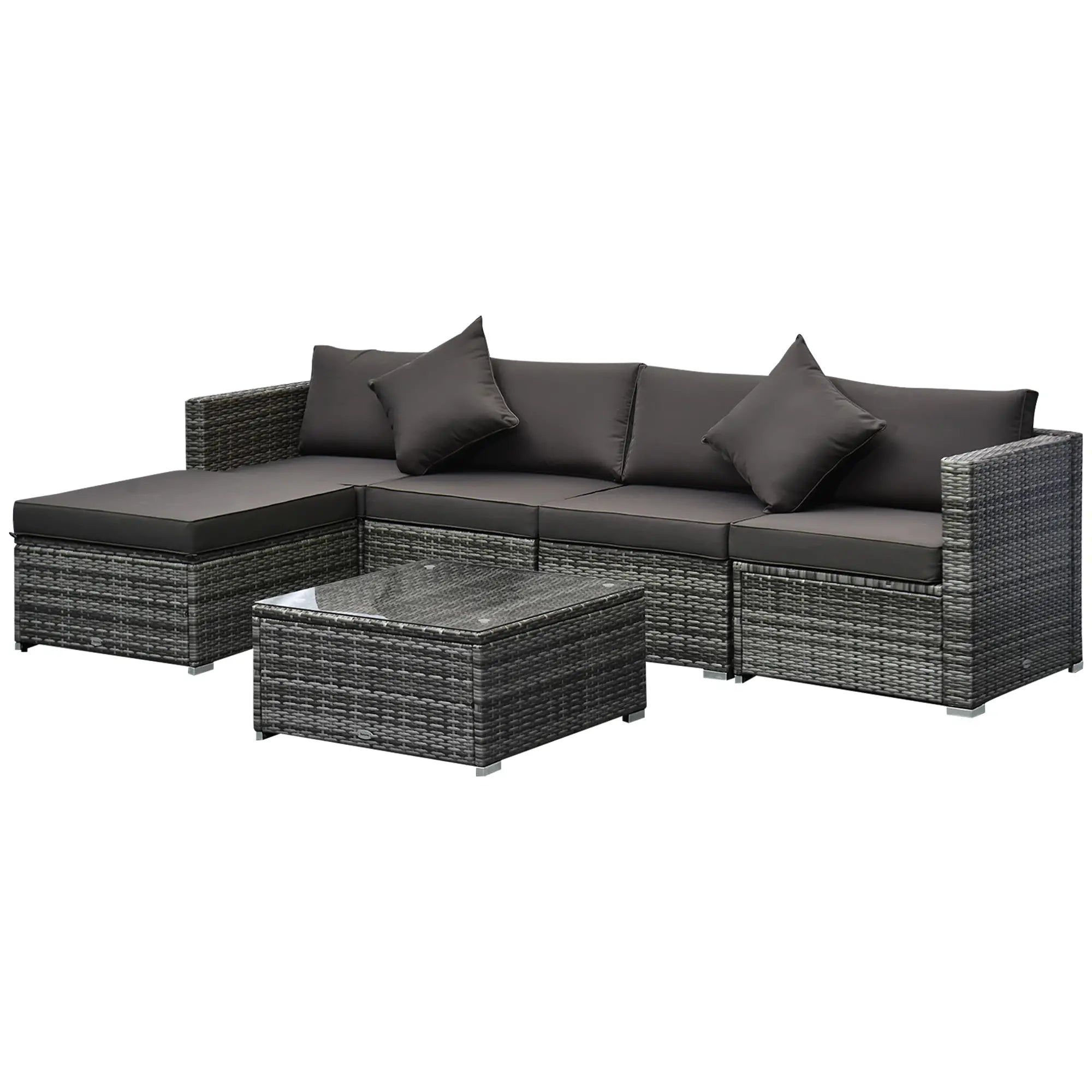 6 Pieces Rattan Garden Furniture Set, 5 Seater Sectional Garden Corner Sofa Set with Glass Top Coffee Table, Cushions and Pillows, All-Weather Wicker Conversation Furniture, Grey