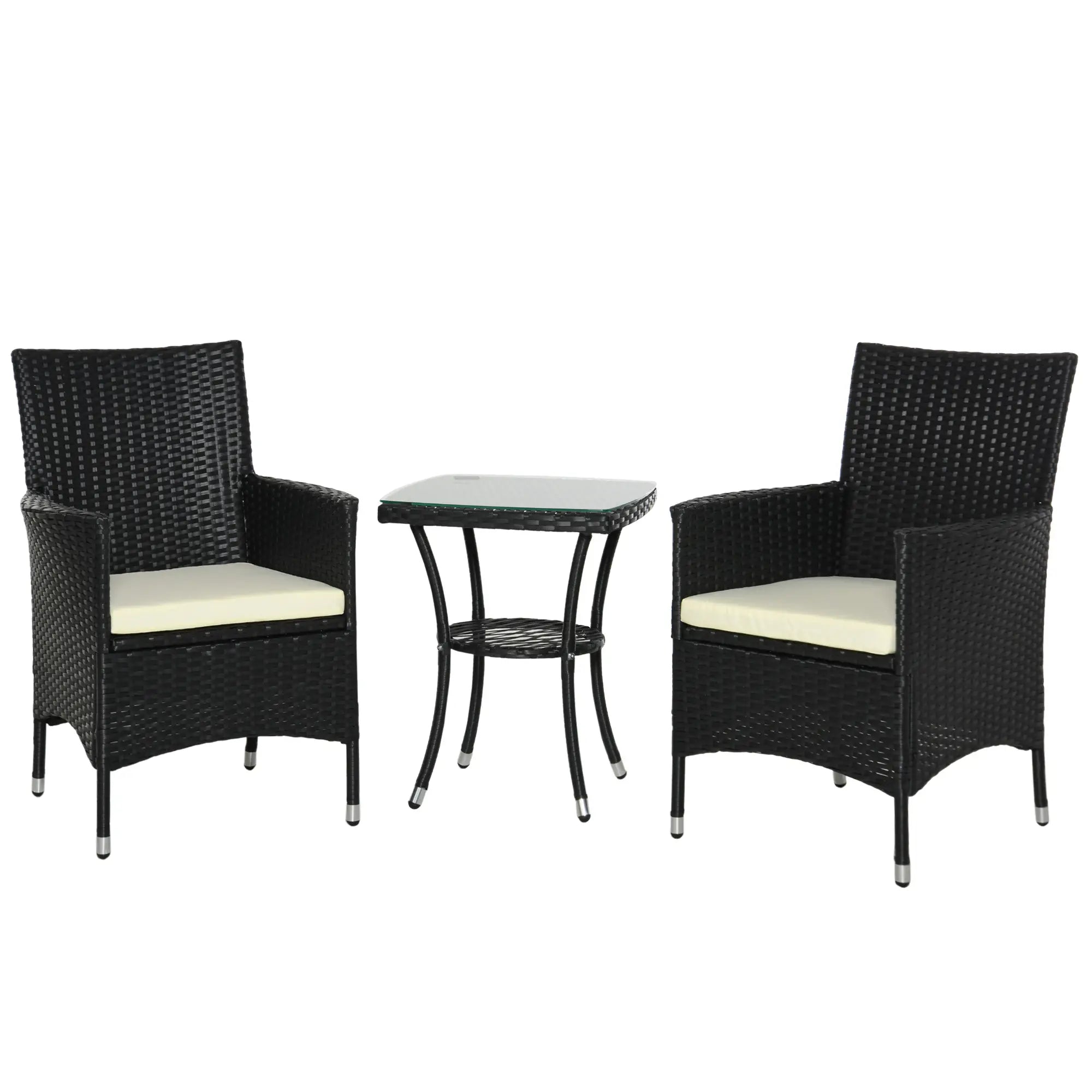 3 Pieces Rattan Bistro Set, Wicker Garden Furniture Set with 2-Tier Coffee Table and Chairs, Cushions, for Outdoor Patio Balcony, Black