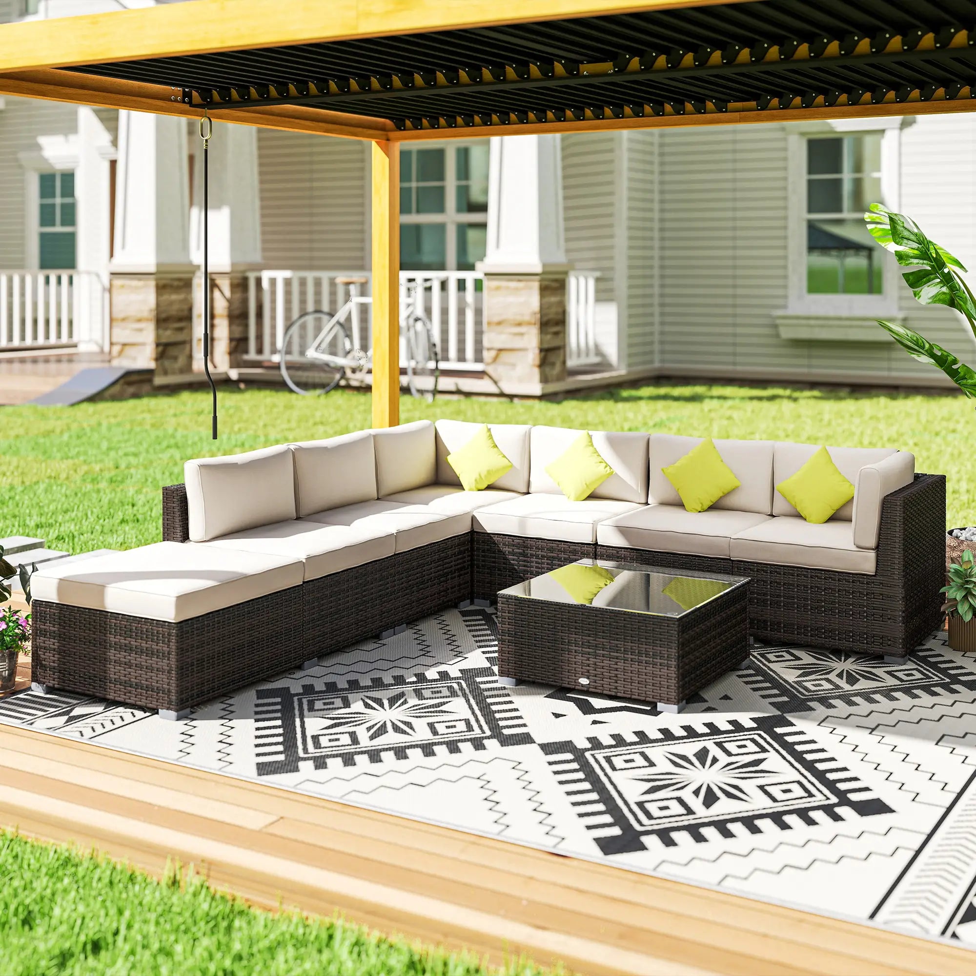 8 Pieces PE Rattan Corner Sofa Set with Thick Cushions, Aluminium Outdoor Rattan Garden Furniture Set with Glass Top Table, No Assembly Required, Mixed Brown