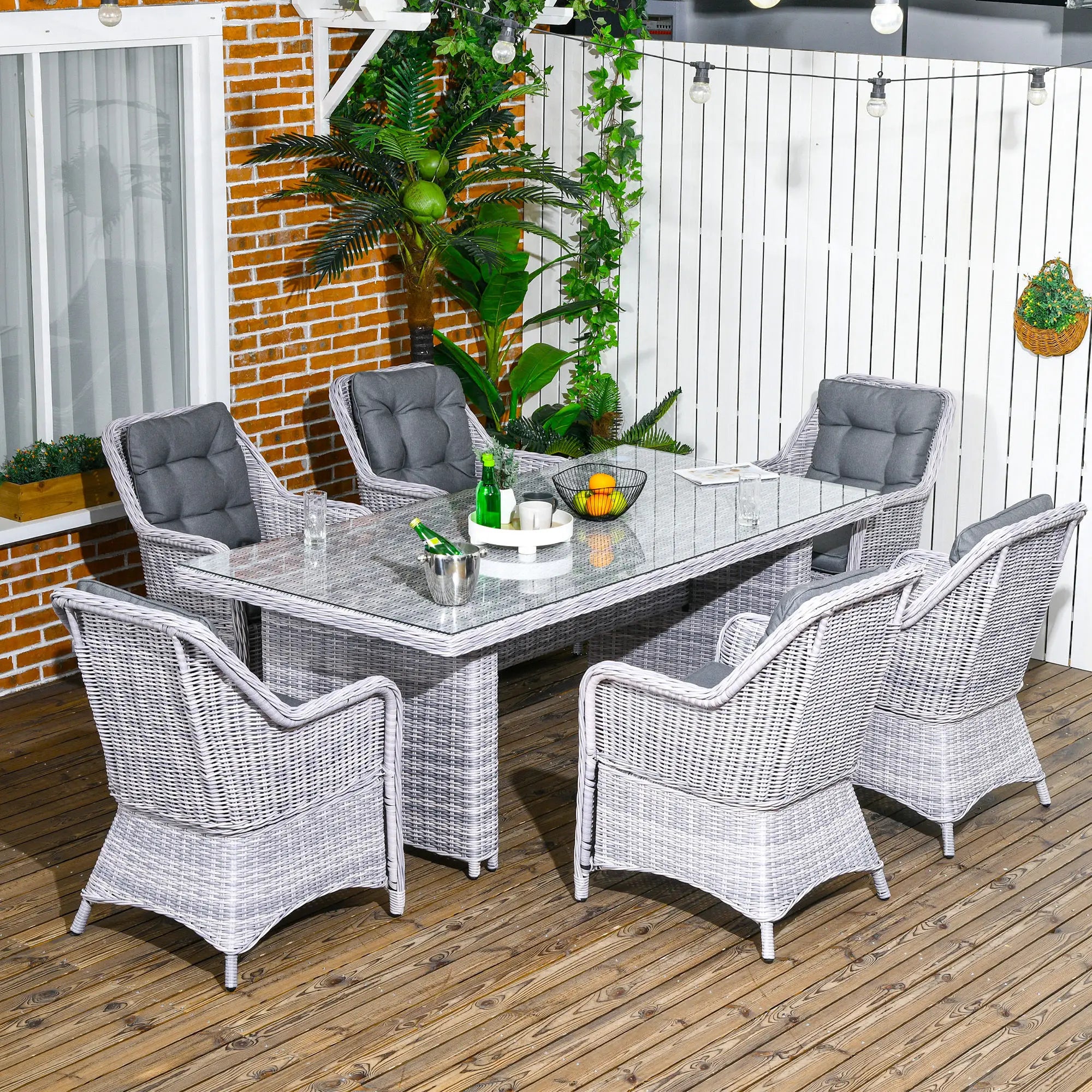 Seven-Piece Rattan Dining Set - Mixed Grey