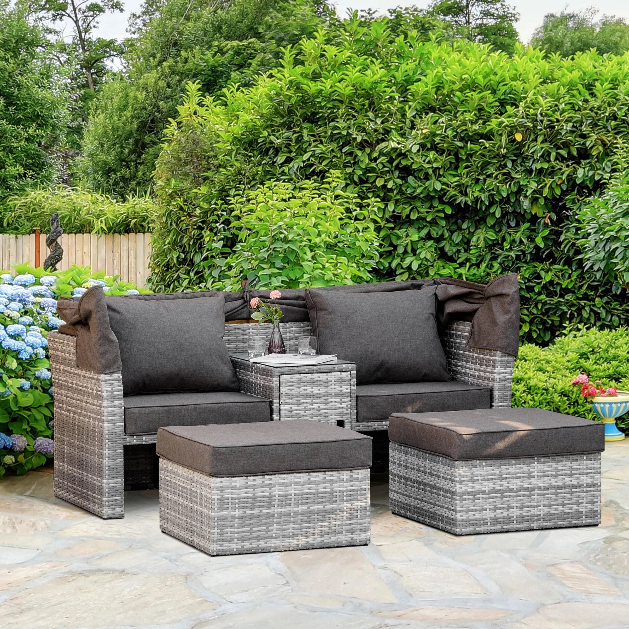 2-Seater Outdoor Rattan Daybed Sofa Footstool Coffee Table Set w/ Canopy, Cushion