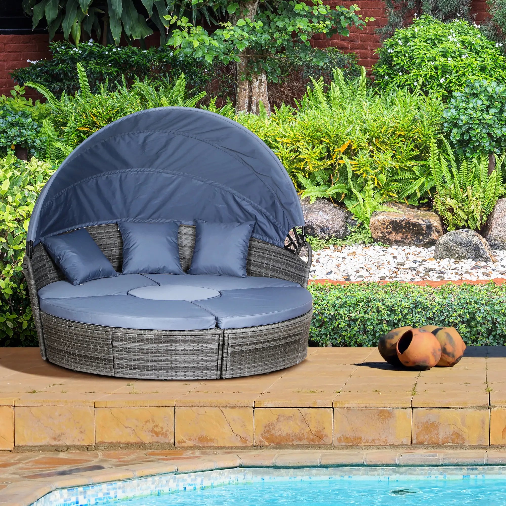 PE Rattan Lounge Set, 5 Pieces Patio Conversation Furniture Set, Garden Round Sofa Bed with Cushion and Retractable Canopy, Grey
