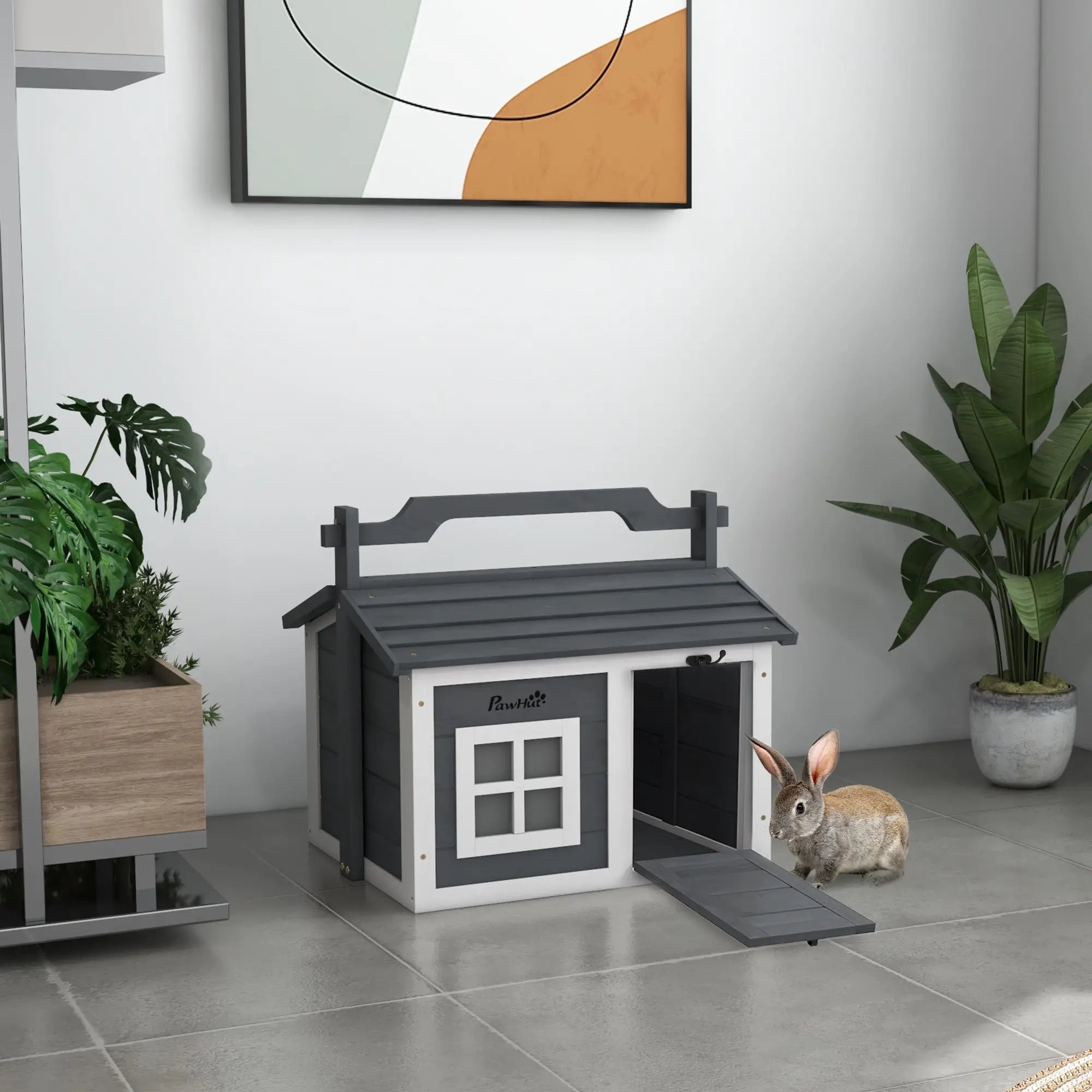 Indoor Rabbit Hutch, Portable Small Animal House Outdoor, with Top Handle, Openable Roof - Grey
