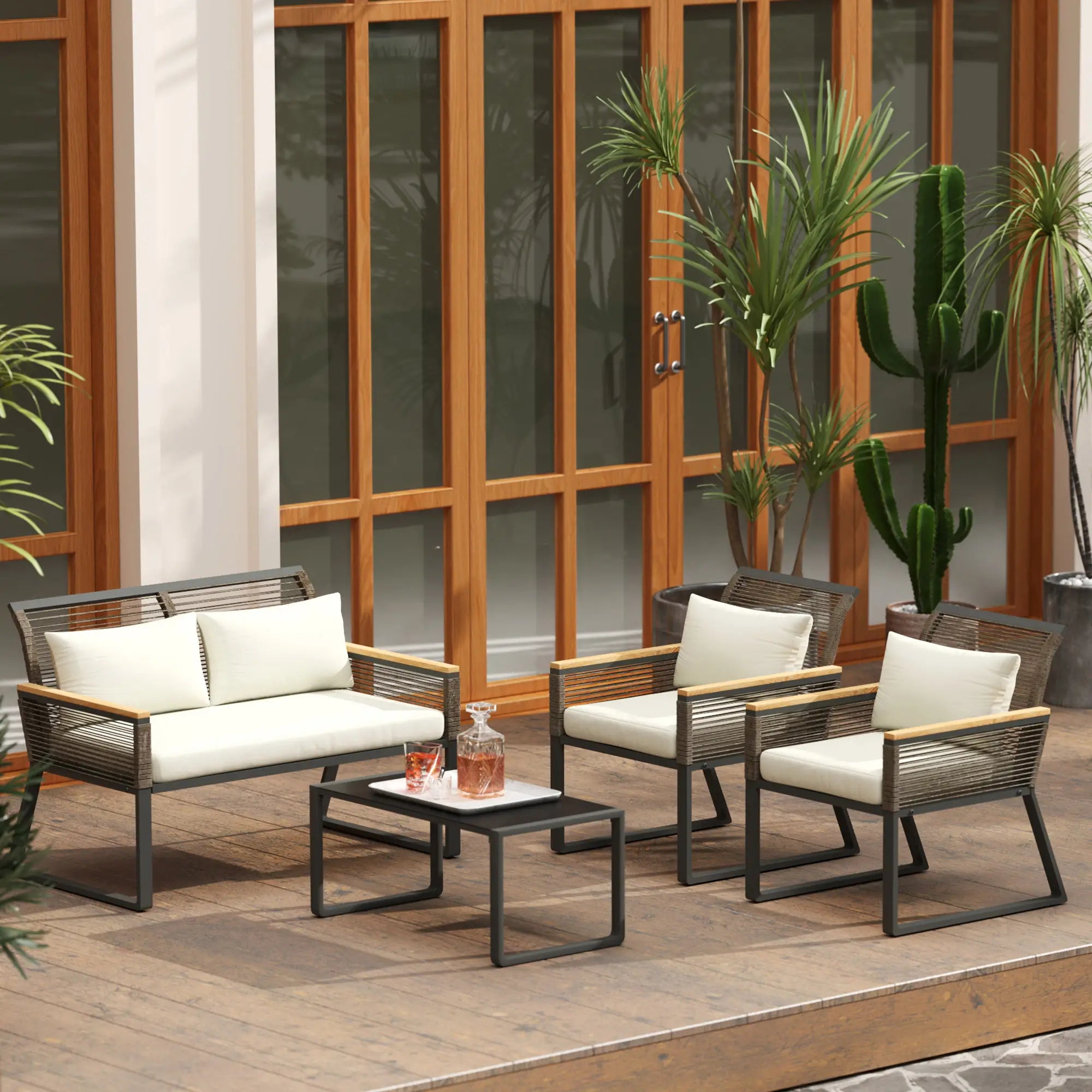 Four Piece Wicker Rope Garden Furniture Set with Glass Top Coffee Table - Grey