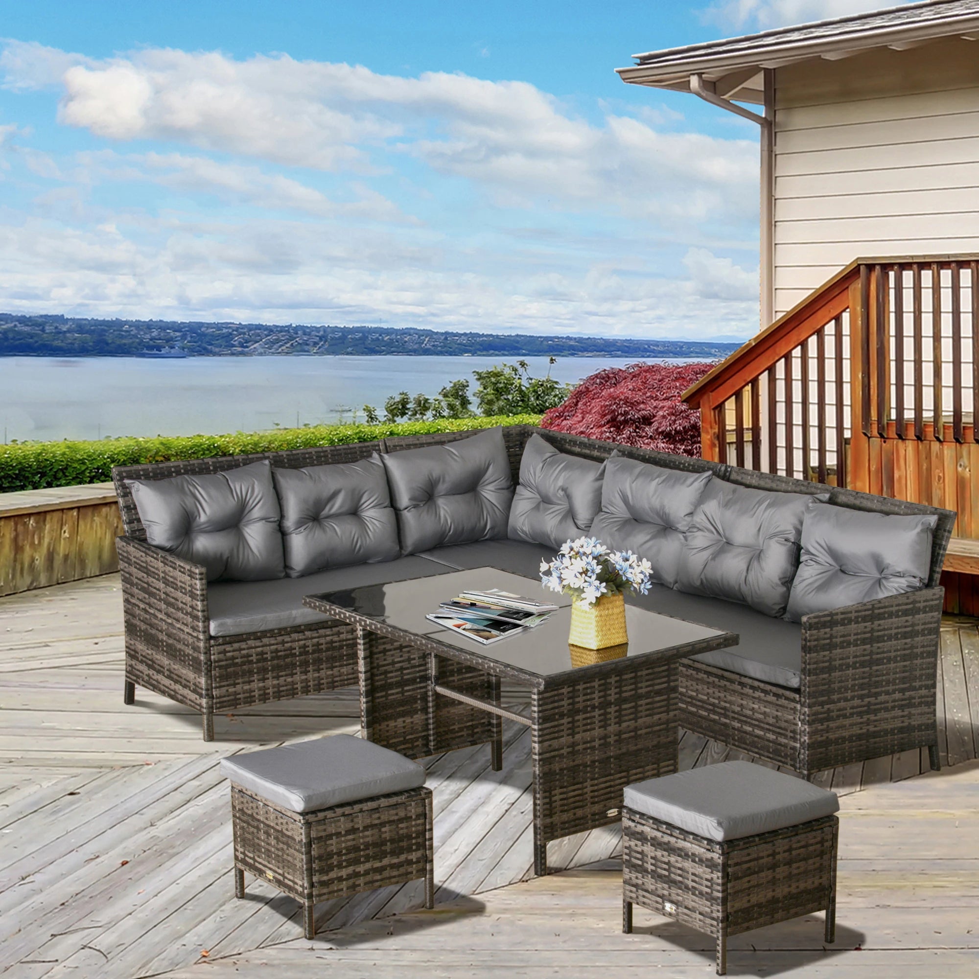 8 Seater Patio wicker Sofa Set ,Outdoor Couch with Table & Cushions, Grey