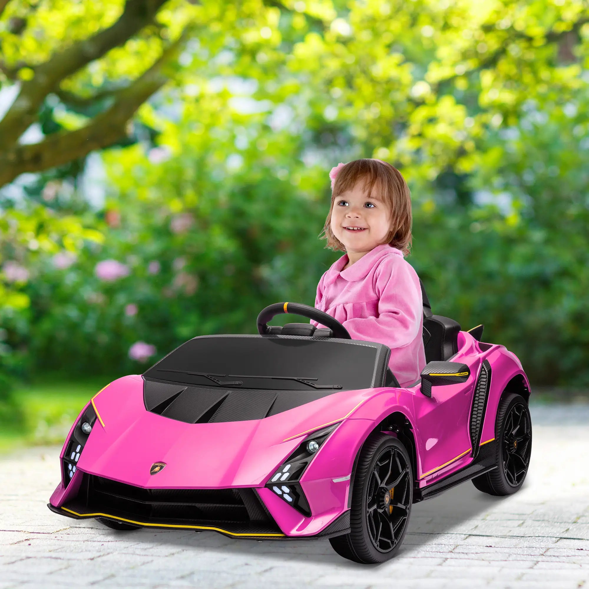 12V Lamborghini Autentica Licensed Kids Electric Car with Remote Control, 4 Suspension Wheels, Soft Start, Pink