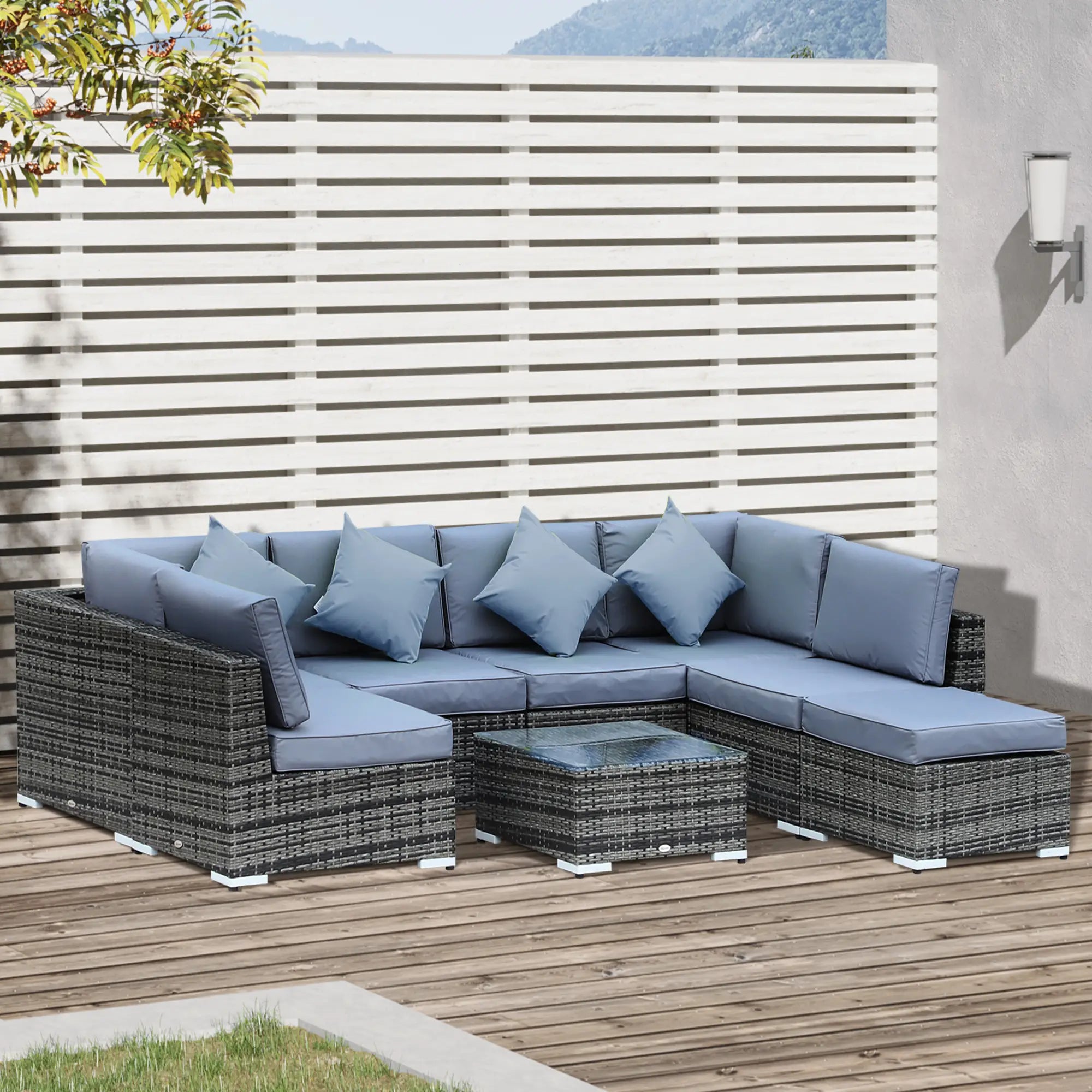 8 Pieces PE Rattan Corner Sofa Set with Thick Cushions, Aluminium Outdoor Rattan Garden Furniture Set with Glass Top Table, No Assembly Required, Grey