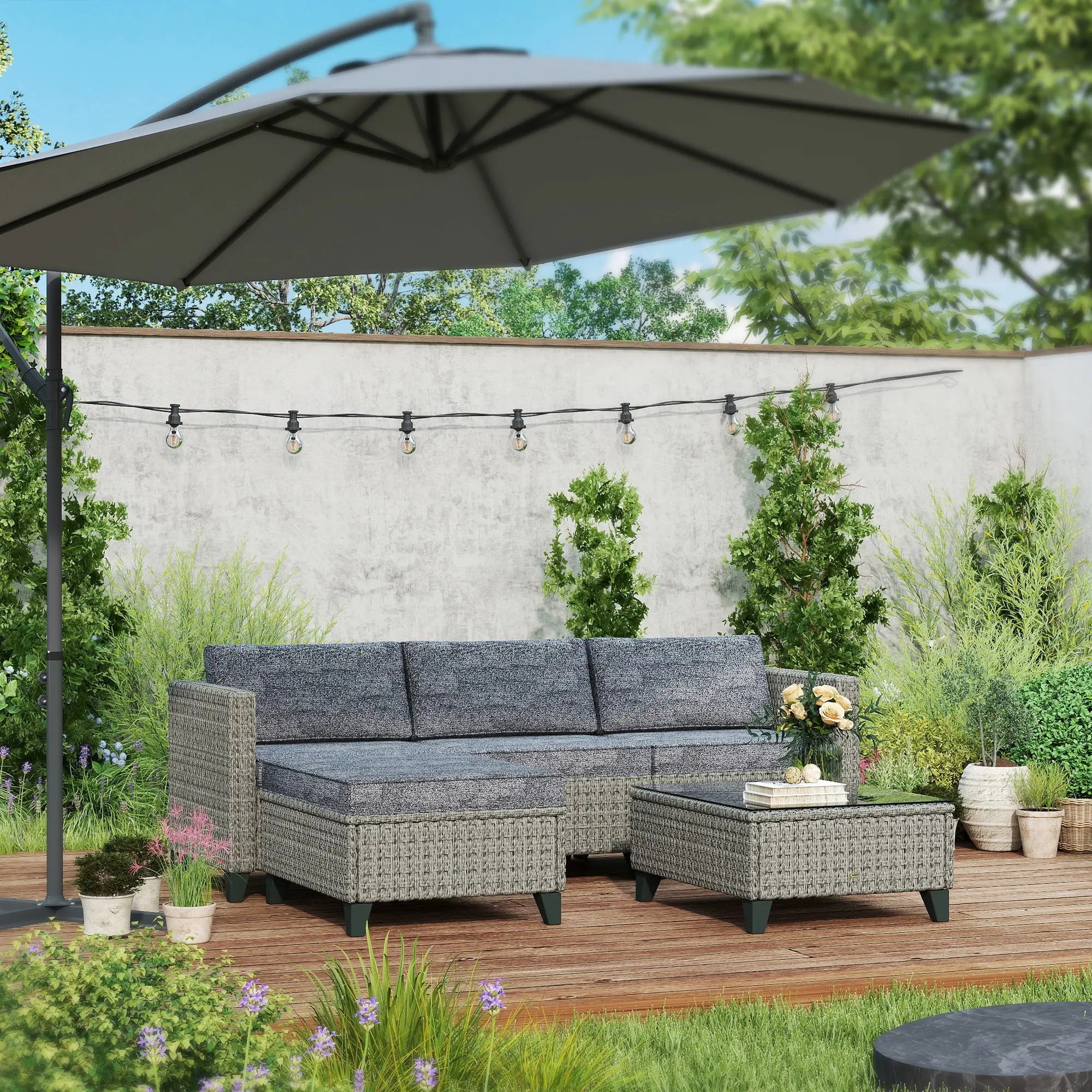 5-Piece Rattan Patio Furniture Set with Corner Sofa, Footstools, Coffee Table, for Poolside, Dark Grey