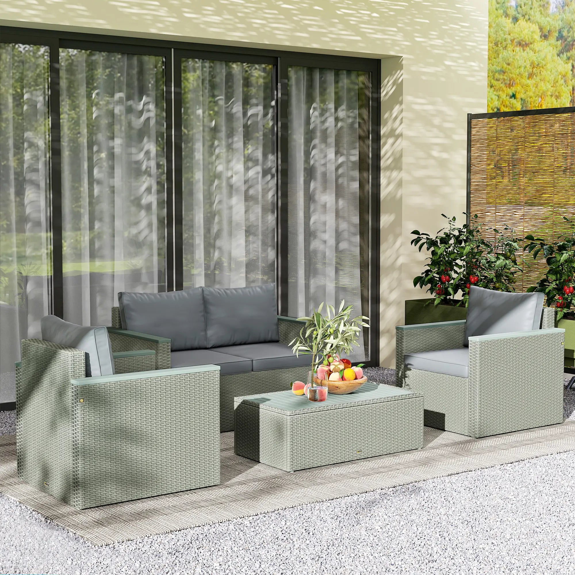 4 Piece Rattan Garden Furniture Set, 4 Seater Wicker Outdoor Sofa Set with 2 Armchairs, Loveseat, Acacia Wood Top Coffee Table, Cushions, Patio Conservatory Set for Balcony, Light Grey