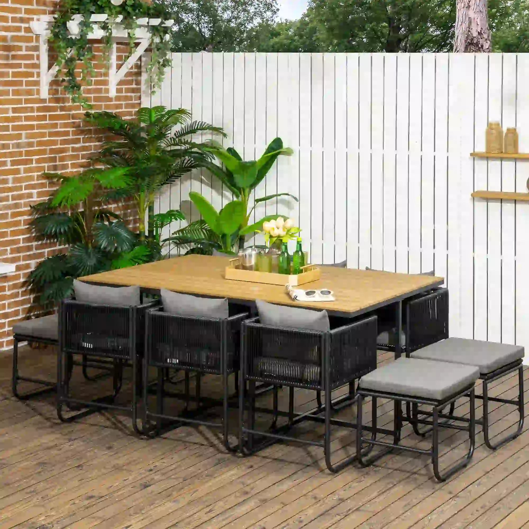 0 Seater Rattan Cube Garden Furniture Set, Rattan Dining Set with Cushions, Outdoor Dining Table and Chairs with 6 Armchairs, 4 Stools, Rectangular Wood Grain Plastic Top Table, Black