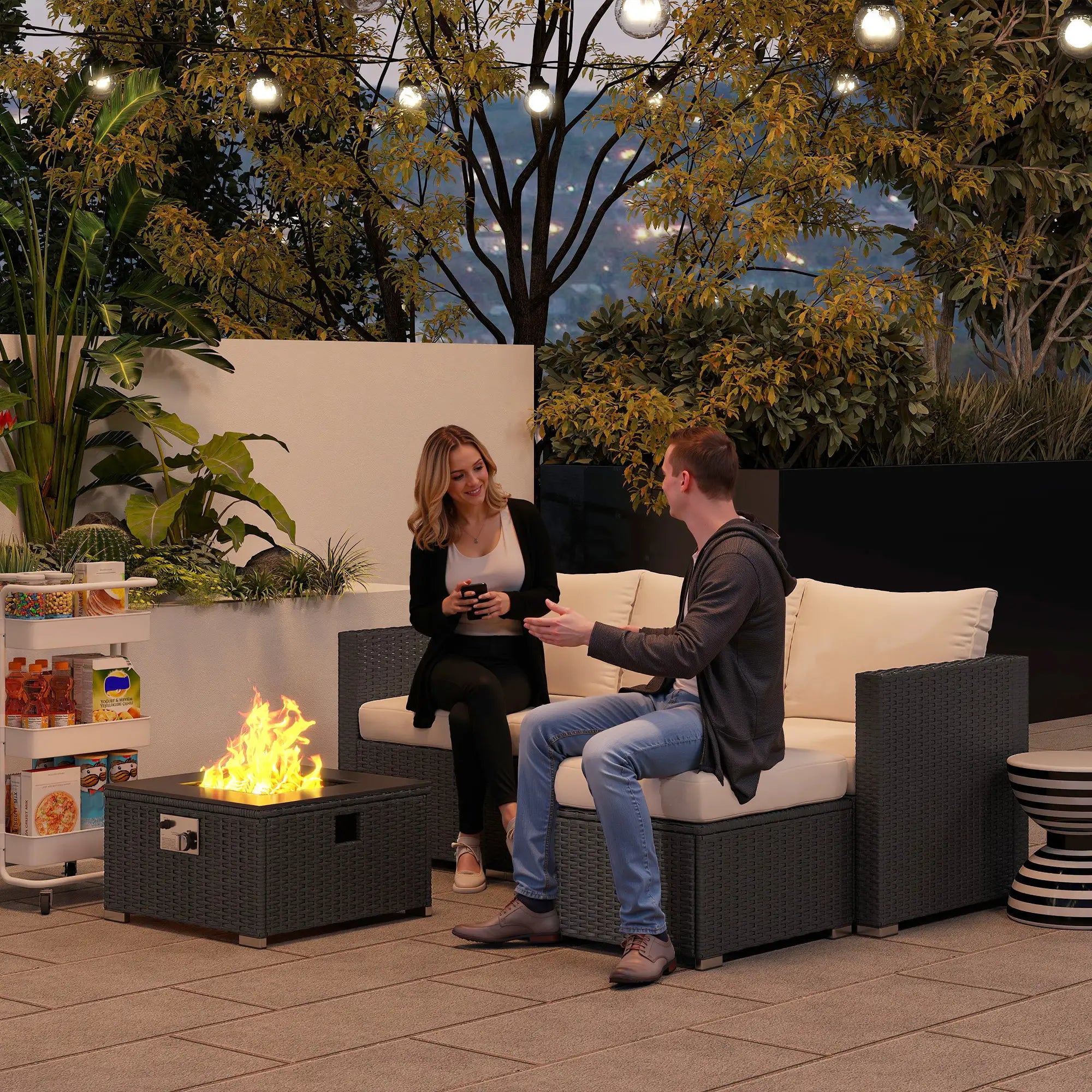 Five Piece Rattan Garden Furniture Set with Gas Fire Pit Table and Footstool - Black and Cream White