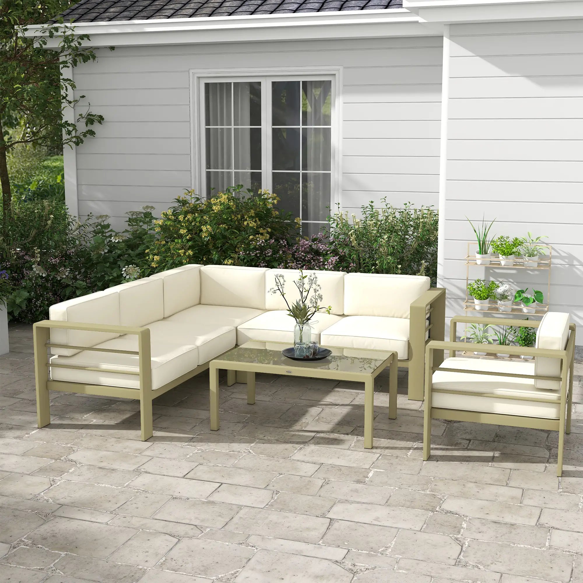 5-Piece Garden Corner Sofa Set with Cushions, 6 Seater Aluminium Garden Furniture Set with Glass Top Coffee Table, Patio Sectional Conservatory Furniture for Patio & Terrace, Gold Tone