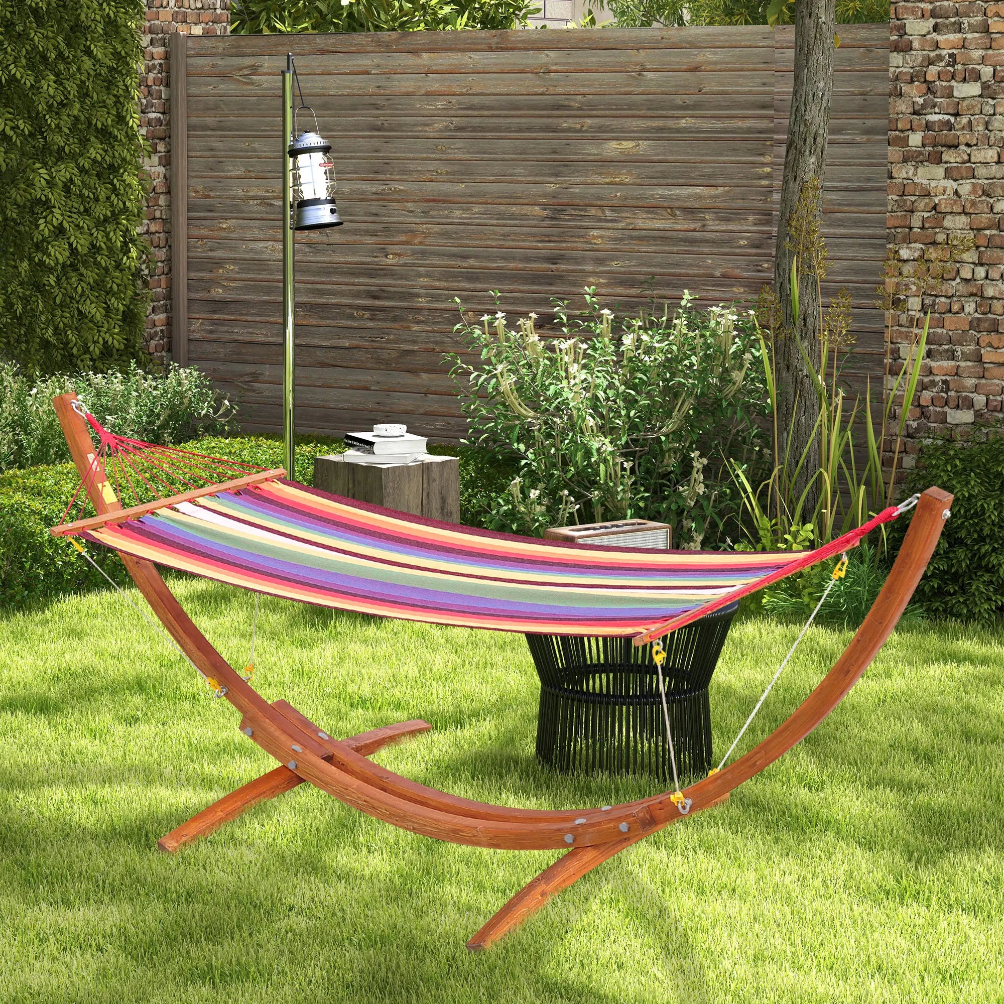 Outdoor Hammock with Stand, Free Standing Hammock with Arc Wooden Frame and 200 x 100cm Fabric, Garden Swing Hanging Bed with Safe Ropes, Multicolour