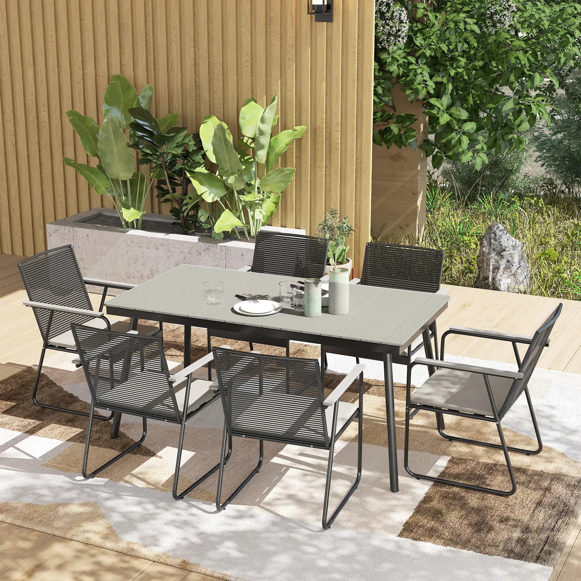 6 Seater Garden Dining Set with Soft Cushions, Rattan Backrest, Rectangular Plastic Top, Garden Furniture Set, Outdoor Dining Table and Chairs for Patio, Balcony, Poolside, Grey