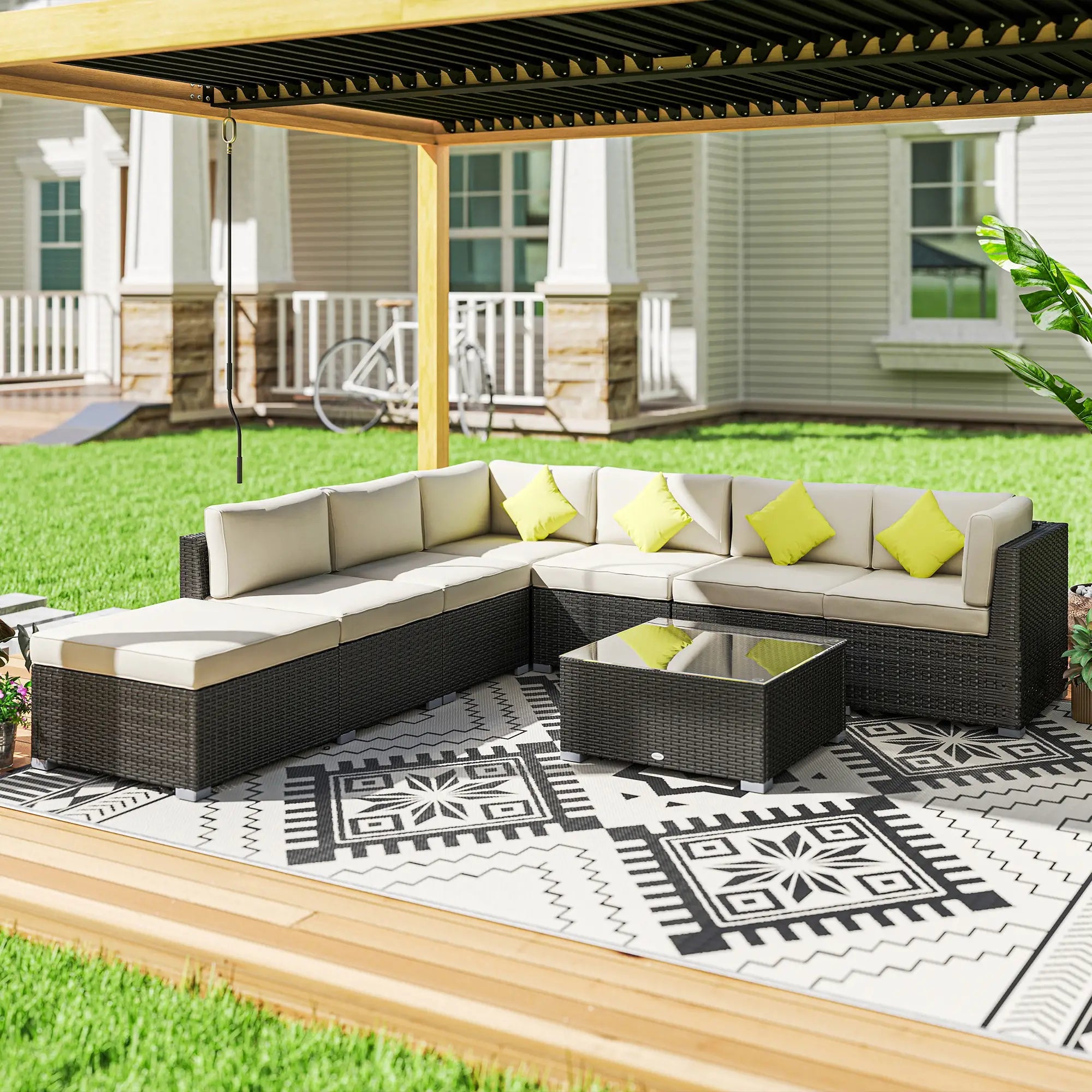 8 Pieces PE Rattan Corner Sofa Set with Thick Cushions, Aluminium Outdoor Rattan Garden Furniture Set with Glass Top Table, No Assembly Required, Black