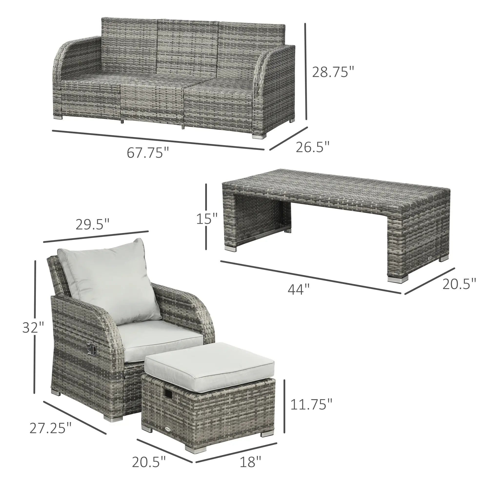 Six-piece Outdoor Rattan Dining Set, Outdoor Sofa Set with Reclining Armchairs and Mental Frame, Grey