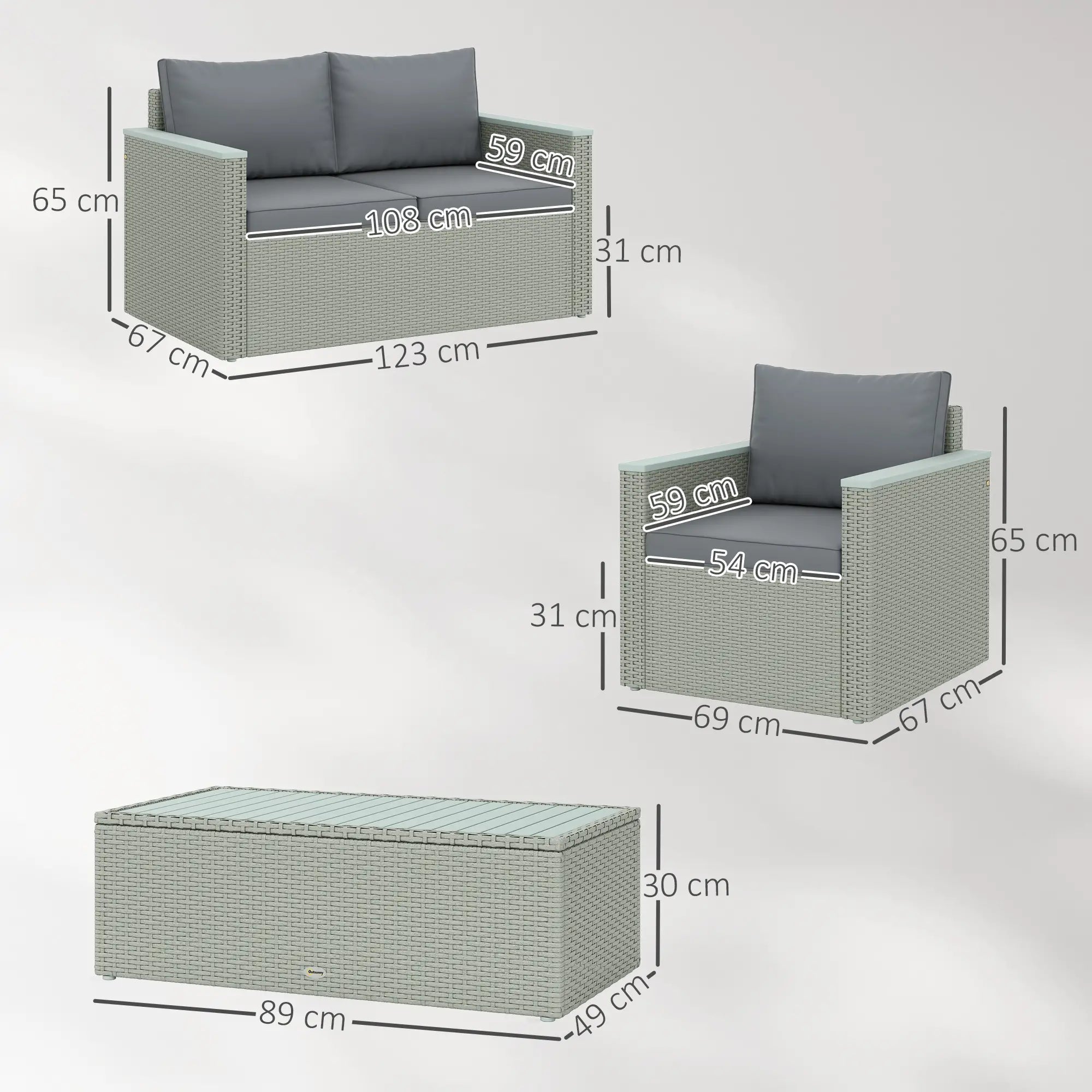 4 Piece Rattan Garden Furniture Set, 4 Seater Wicker Outdoor Sofa Set with 2 Armchairs, Loveseat, Acacia Wood Top Coffee Table, Cushions, Patio Conservatory Set for Balcony, Light Grey