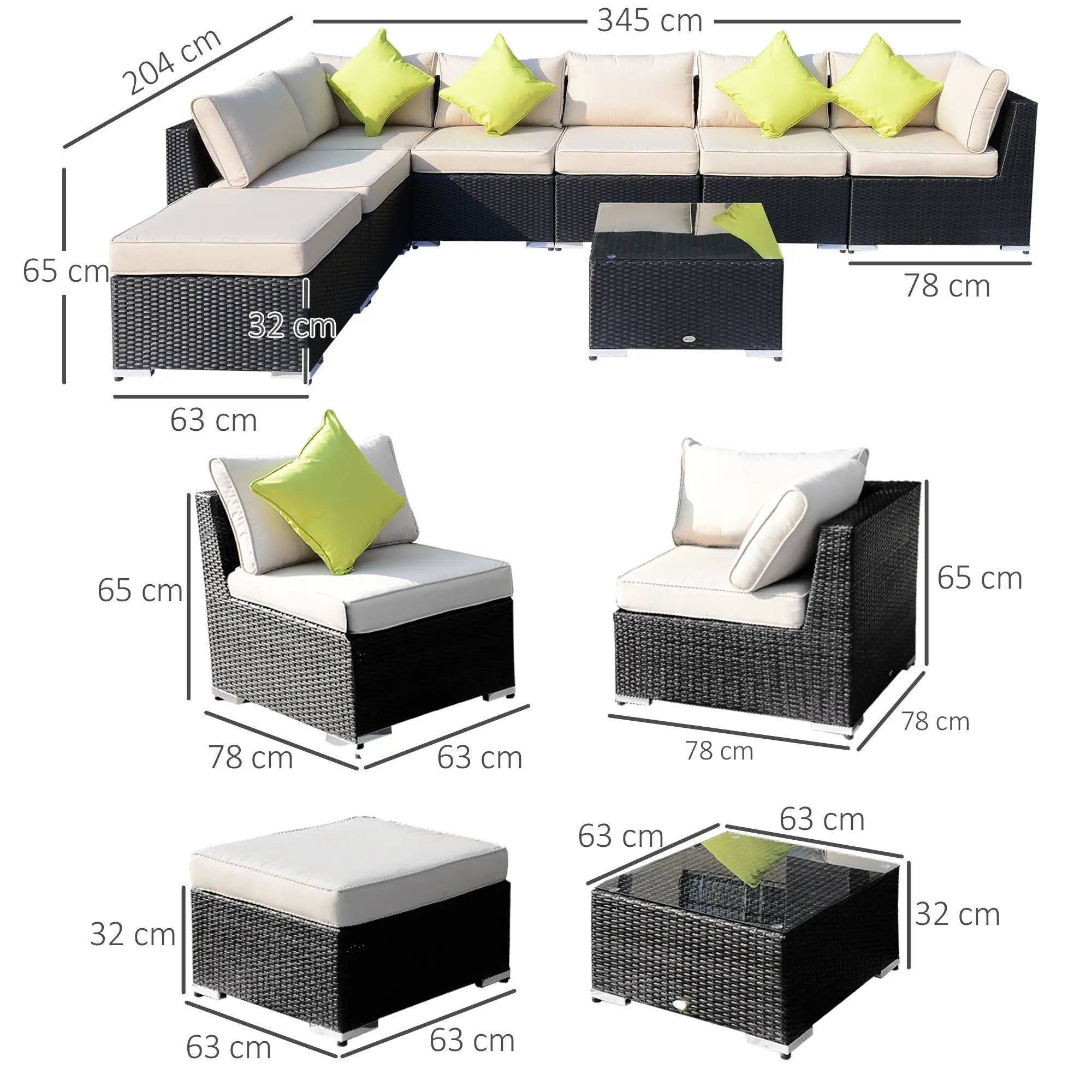 8 Pieces PE Rattan Corner Sofa Set with Thick Cushions, Aluminium Outdoor Rattan Garden Furniture Set with Glass Top Table, No Assembly Required, Black