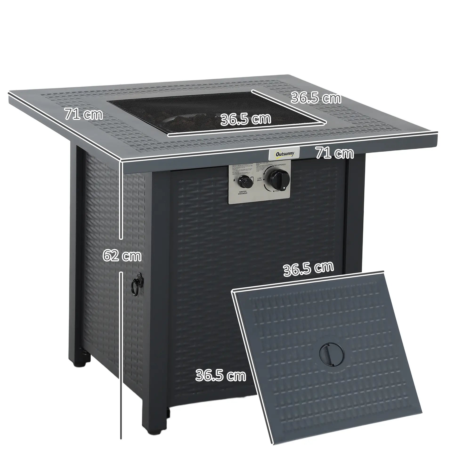 71 x 71cm 40000 BTU Gas Firepit Table - Black/Dark Grey
