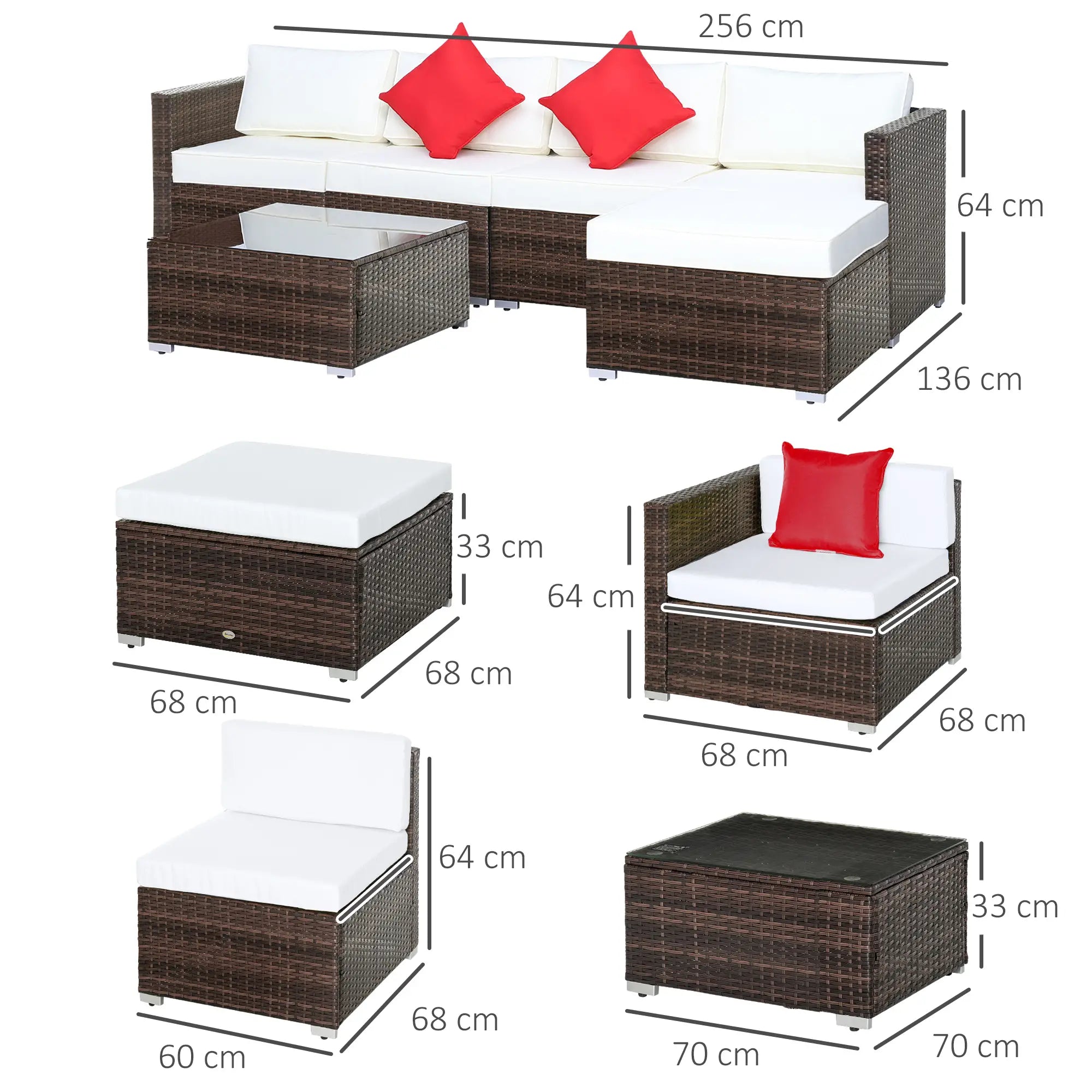 6 Pieces Rattan Garden Furniture Set, 5 Seater Sectional Garden Corner Sofa Set with Glass Top Coffee Table, Cushions and Pillows, All-Weather Wicker Conversation Furniture, Cream White