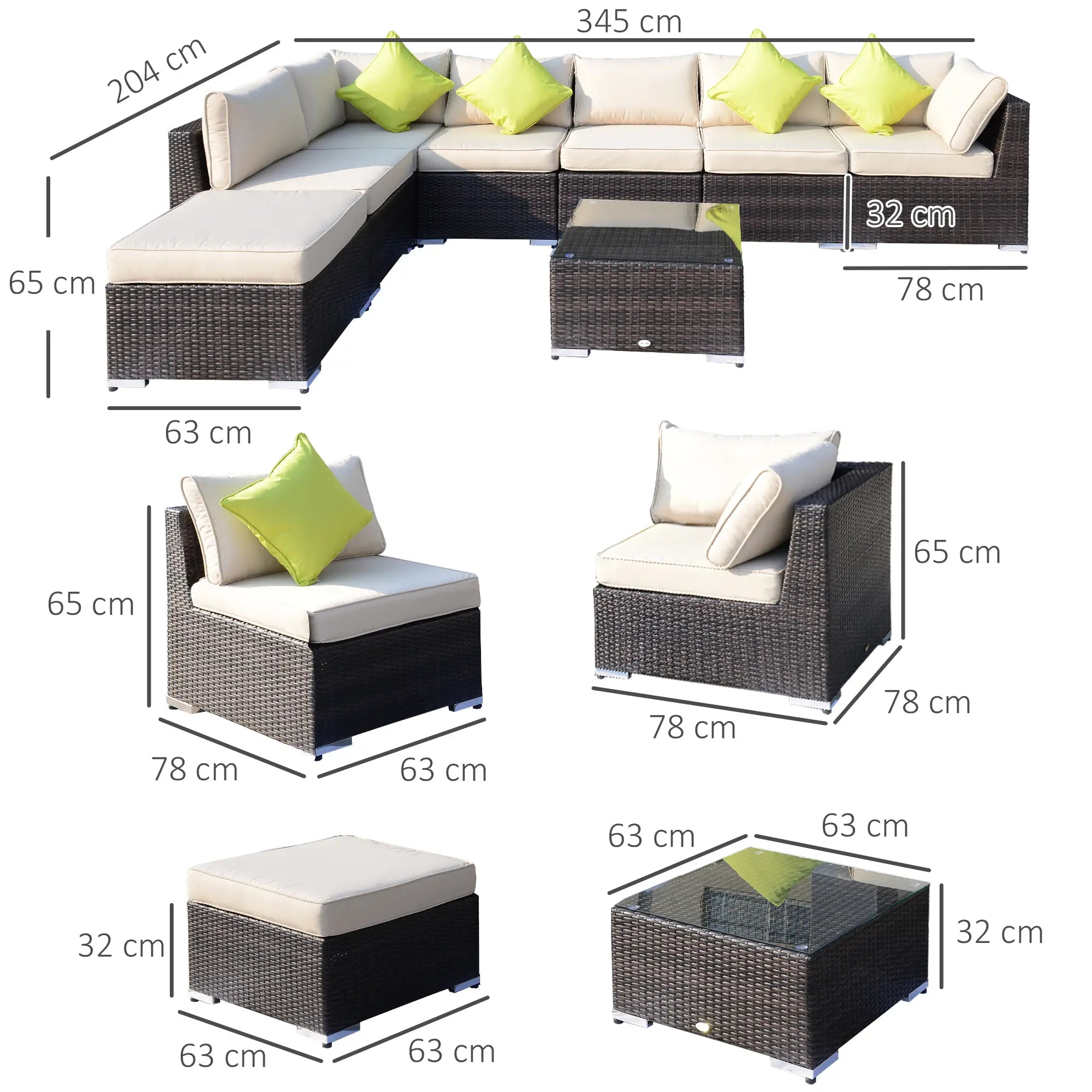 8 Pieces PE Rattan Corner Sofa Set with Thick Cushions, Aluminium Outdoor Rattan Garden Furniture Set with Glass Top Table, No Assembly Required, Mixed Brown