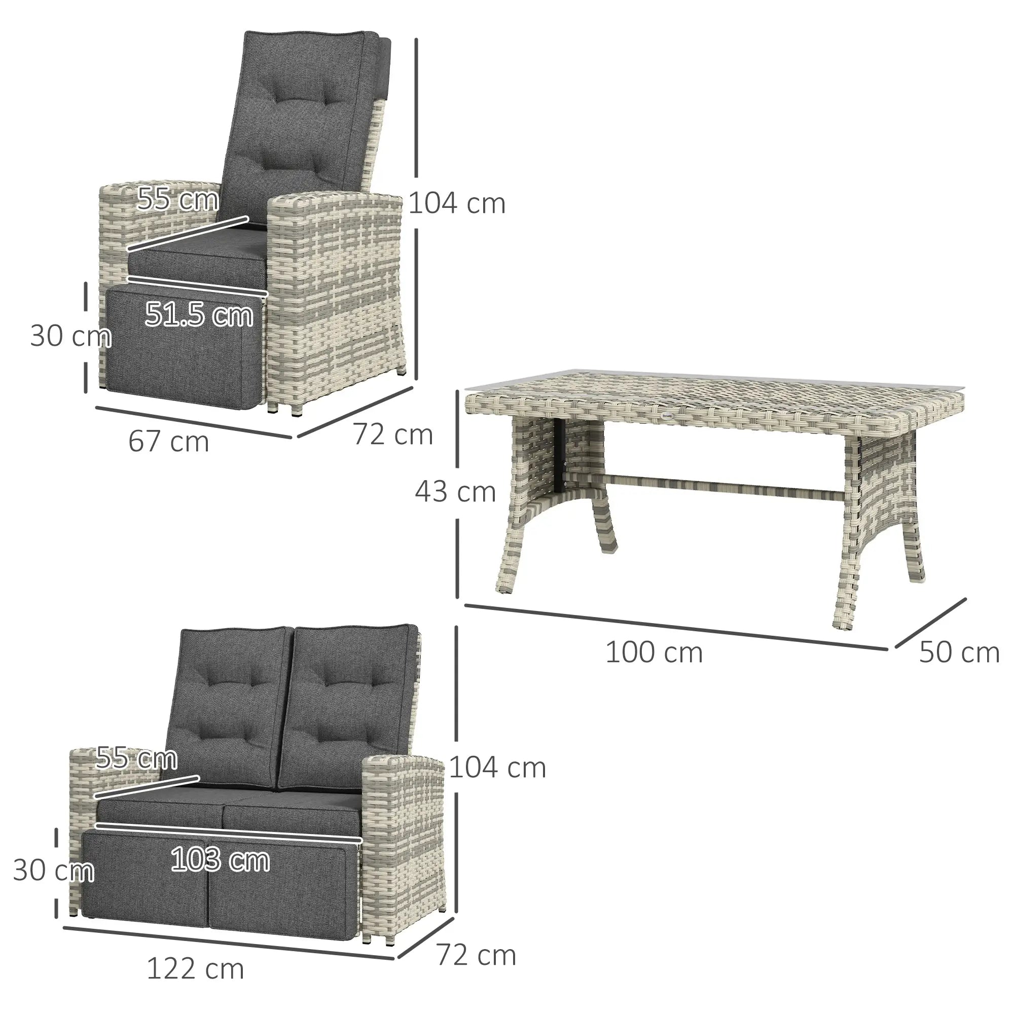 4 Piece Rattan Garden Furniture Set Outdoor Sofa Sectional Set with Glass Top Table for Poolside, Light Grey