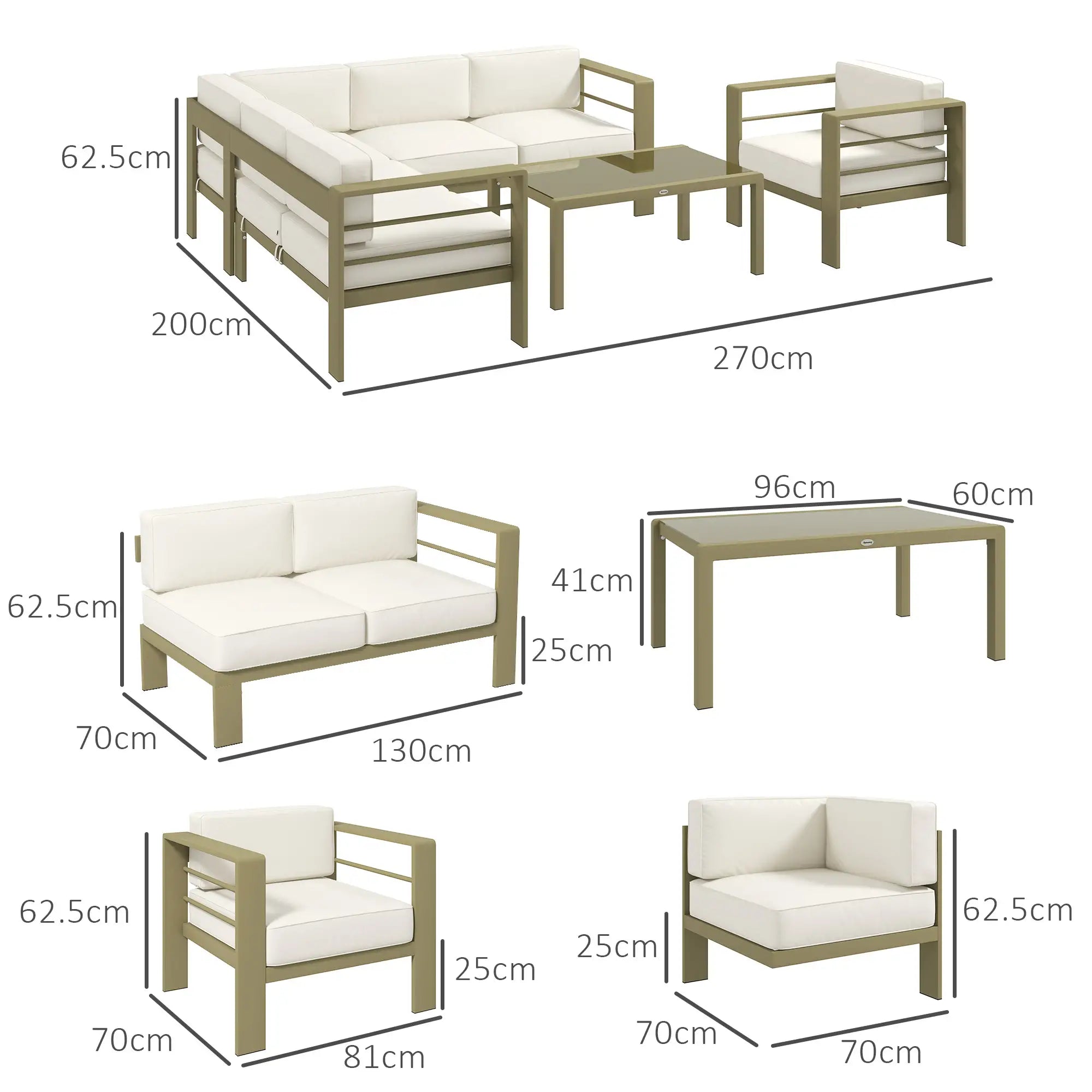 5-Piece Garden Corner Sofa Set with Cushions, 6 Seater Aluminium Garden Furniture Set with Glass Top Coffee Table, Patio Sectional Conservatory Furniture for Patio & Terrace, Gold Tone