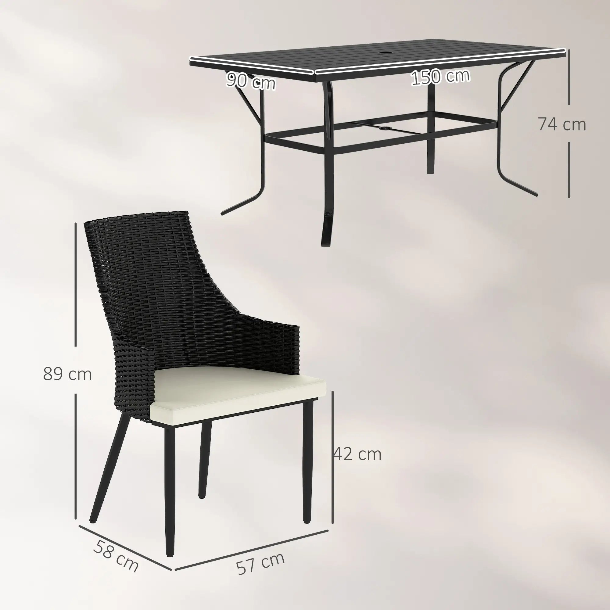 6 Seater Rattan Dining Set with Cushions, Garden Furniture Set with Armchairs, Rectangle Slatted Table Top, Steel Frame, Parasol Hole, Wicker Outdoor Furniture for Patio, Balcony, Cream White