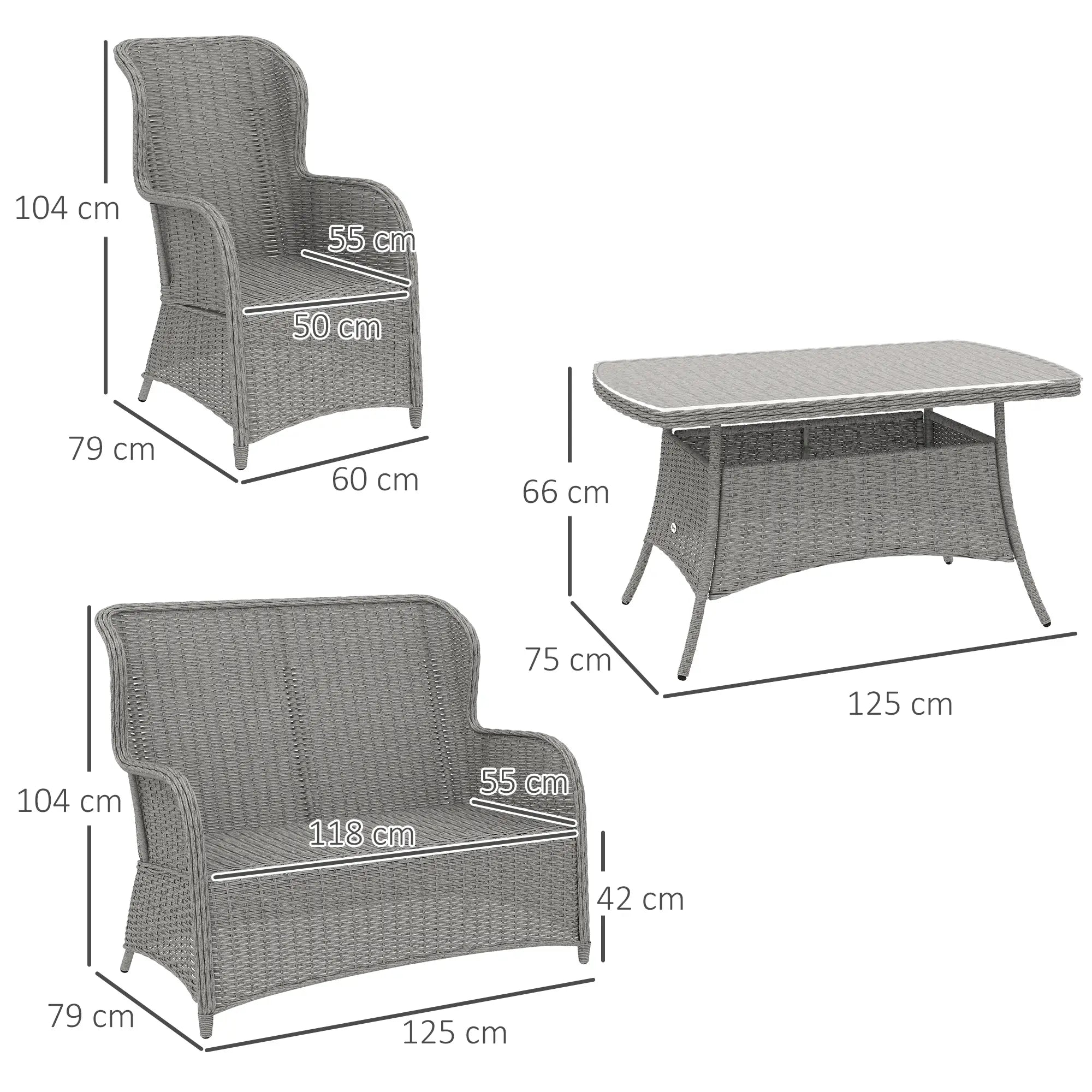 Garden PE Rattan Dining Sofa Set, Outdoor 4 Seater Wicker Furniture, High Back Chairs with Cushions, Tempered Glass Coffee Table for Patio, Light Grey