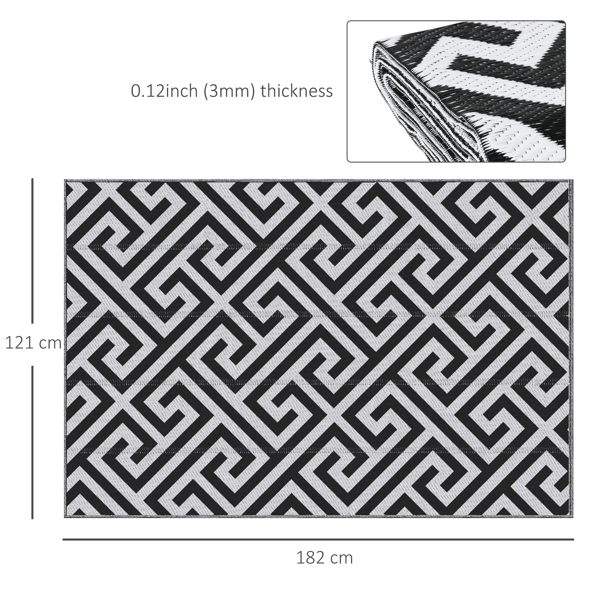 Outdoor Rug Reversible Mat Plastic Straw Rug Portable RV Camping Mat for Garden Deck Picnic Indoor, 121 x 182 cm (4 x 6 ft), Black & White