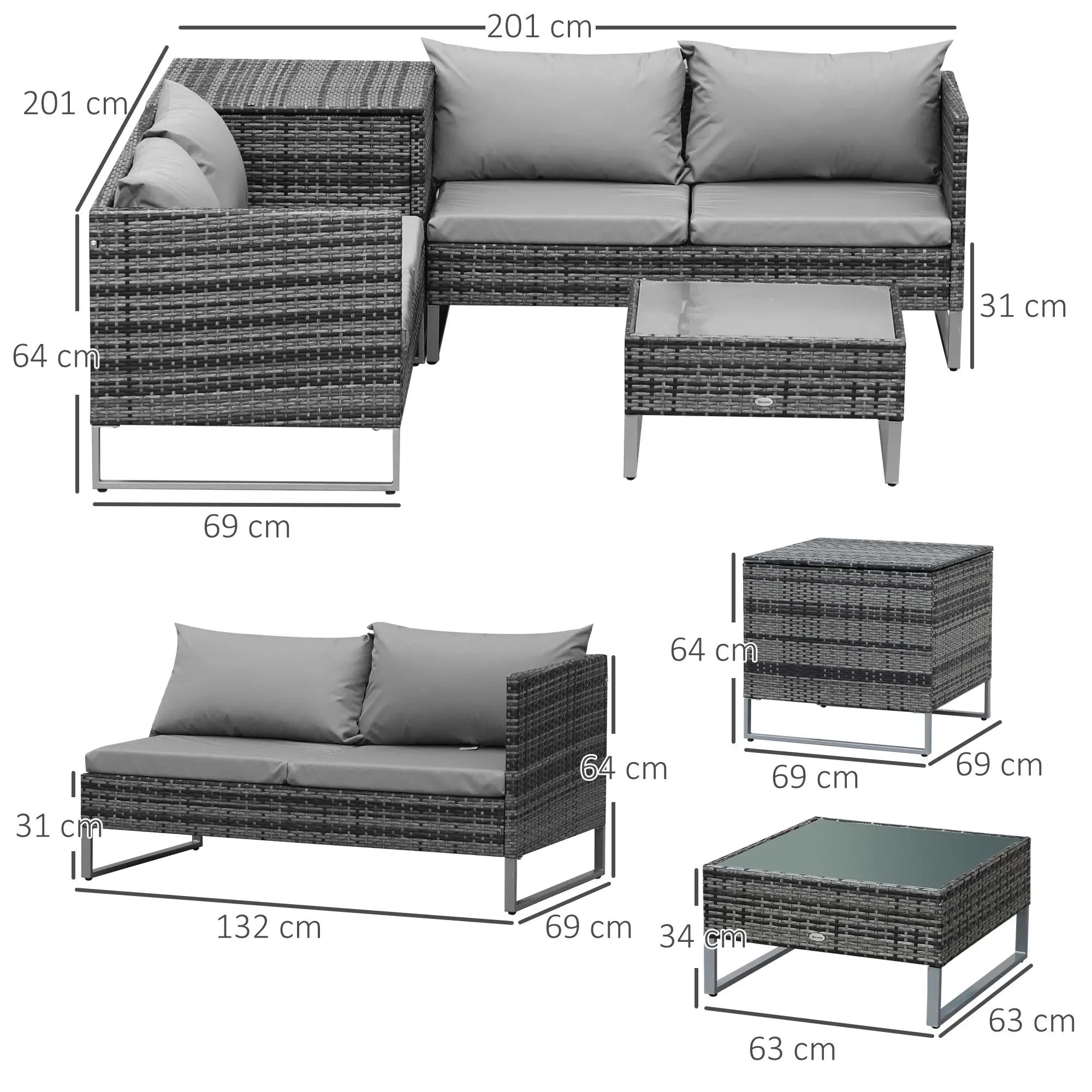 4pc Garden Rattan Wicker Outdoor Furniture Patio Corner Sofa Love Seat and Table Set with Cushions Side Desk Storage, Mixed Grey