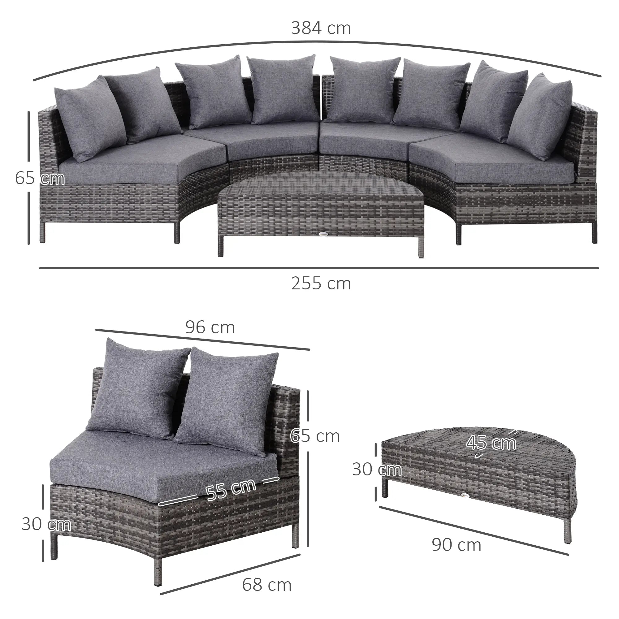 5 Pieces Rattan Garden Furniture Set, 4 Seater Half-Round Garden Sofa Set with Thickened Cushions, Wicker Conservatory Furniture with 4 Chairs, Rattan Coffee Table and Pillows, Grey