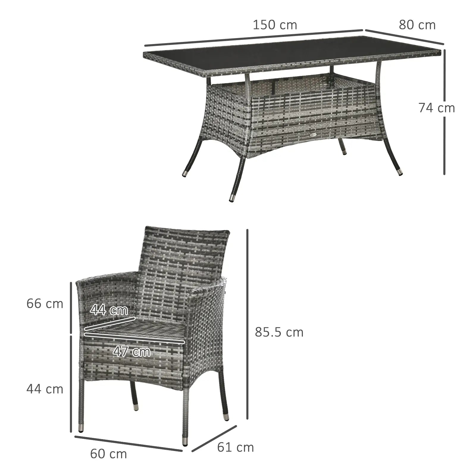 7-Piece Rattan Garden Furniture Set with Cushions, 6 Seater Garden Table and Chairs, Rattan Dining Set with 6 Armchairs, Rectangular Glass Top Table, Grey
